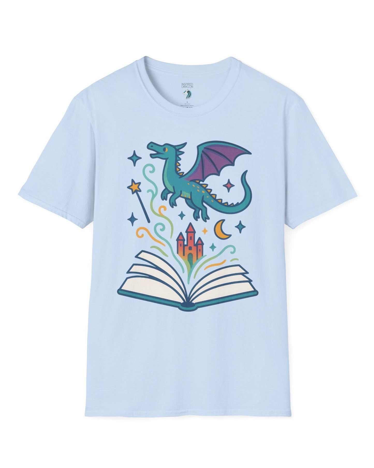The Story Takes Flight shirt in light blue featuring a blue dragon flying from an open book with magic and a castle.