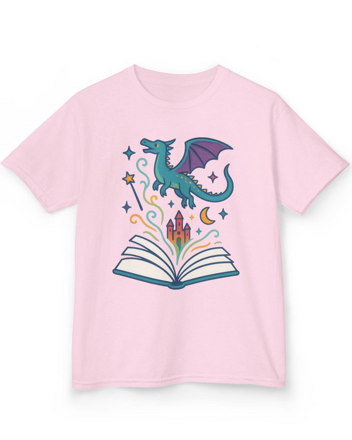 The Story Takes Flight shirt in light pink featuring a blue dragon flying from an open book with magic and a castle