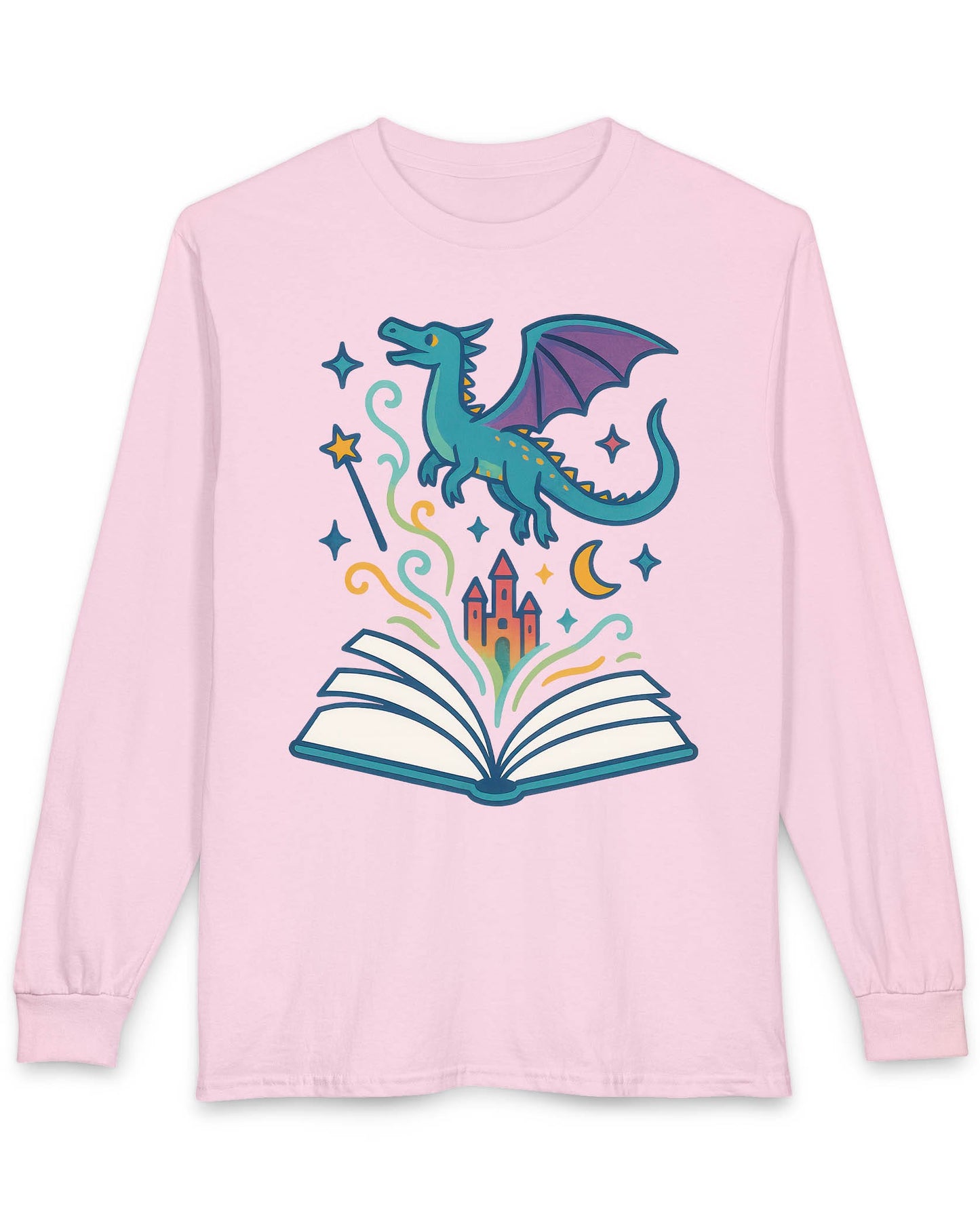 The Story Takes Flight shirt in light pink featuring a blue dragon flying from an open book with magic and a castle