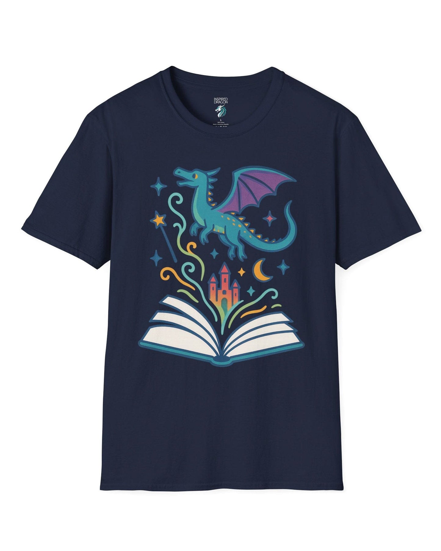 The Story Takes Flight shirt in navy featuring a blue dragon flying from an open book with magic and a castle.
