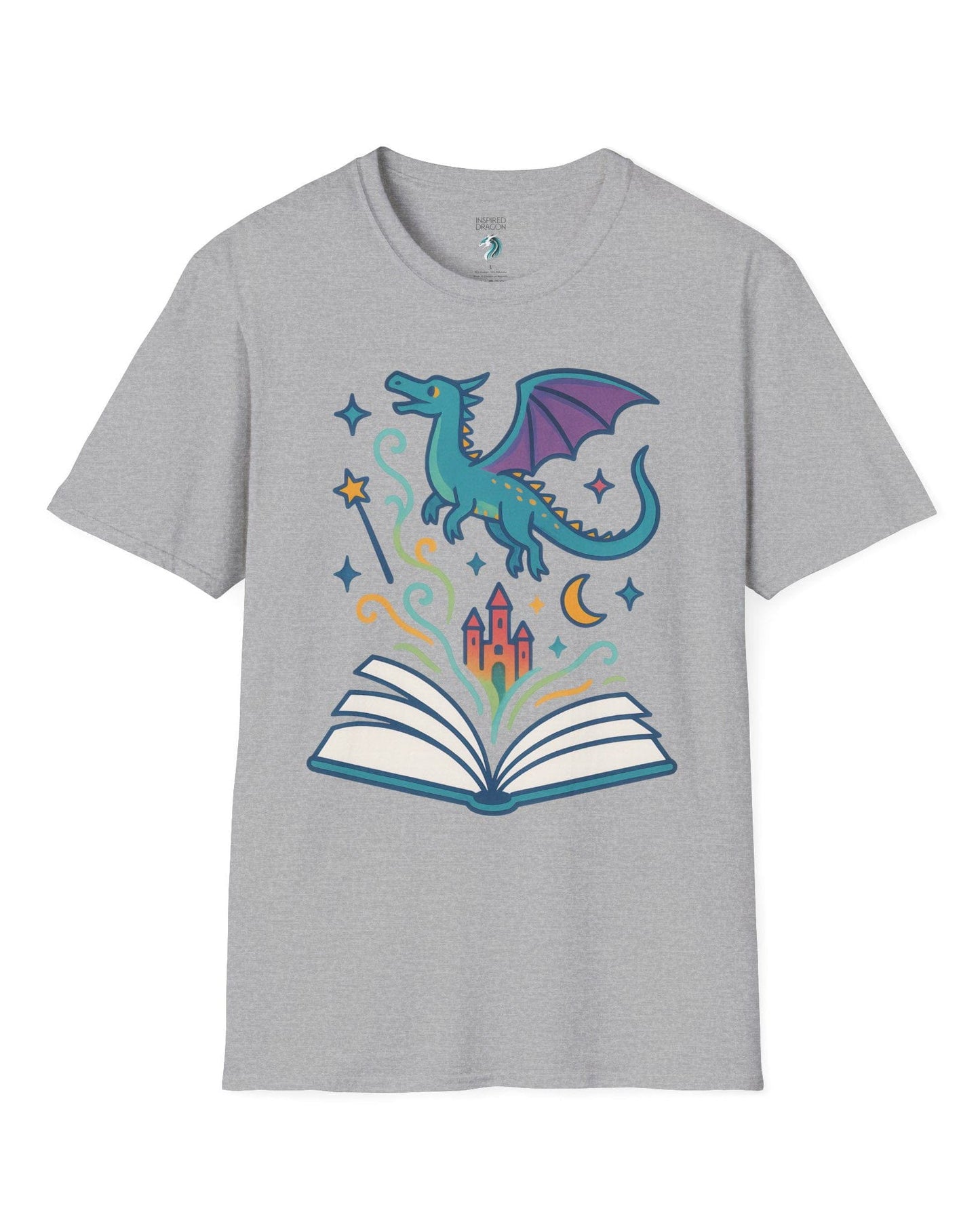 The Story Takes Flight shirt in sport grey featuring a blue dragon flying from an open book with magic and a castle.