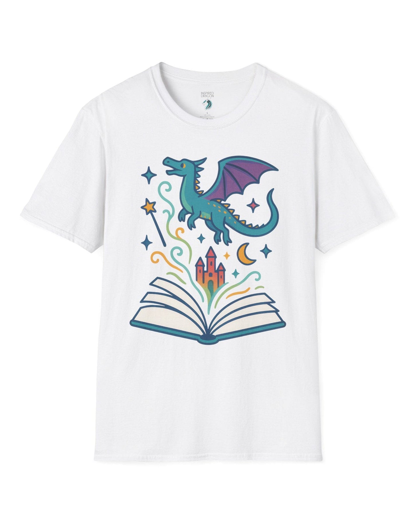 The Story Takes Flight shirt in white featuring a blue dragon flying from an open book with magic and a castle.