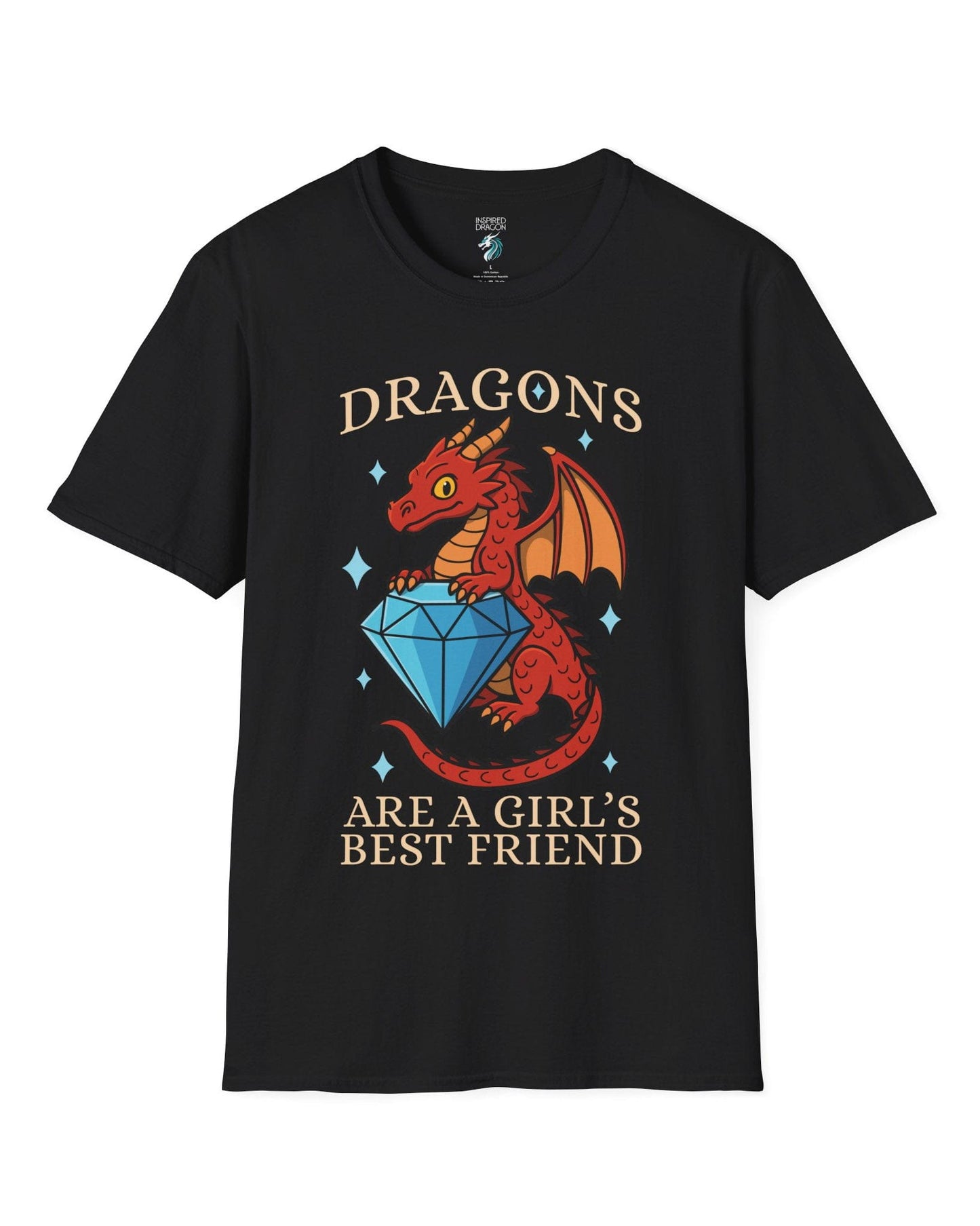 Dragons Are a Girl's Best Friend shirt in black featuring a red dragon holding a large diamond with sparkling accents.