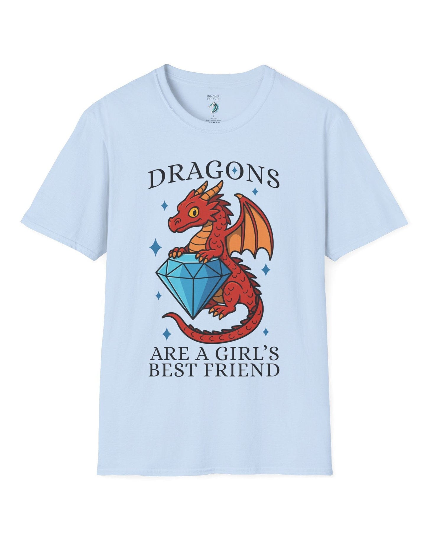 Dragons Are a Girl's Best Friend shirt in light blue featuring a red dragon holding a large diamond with sparkling accents.