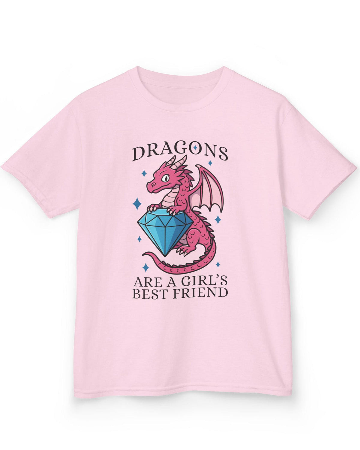 Dragons Are a Girl's Best Friend shirt in light blue featuring a pink dragon holding a large diamond with sparkle accents.