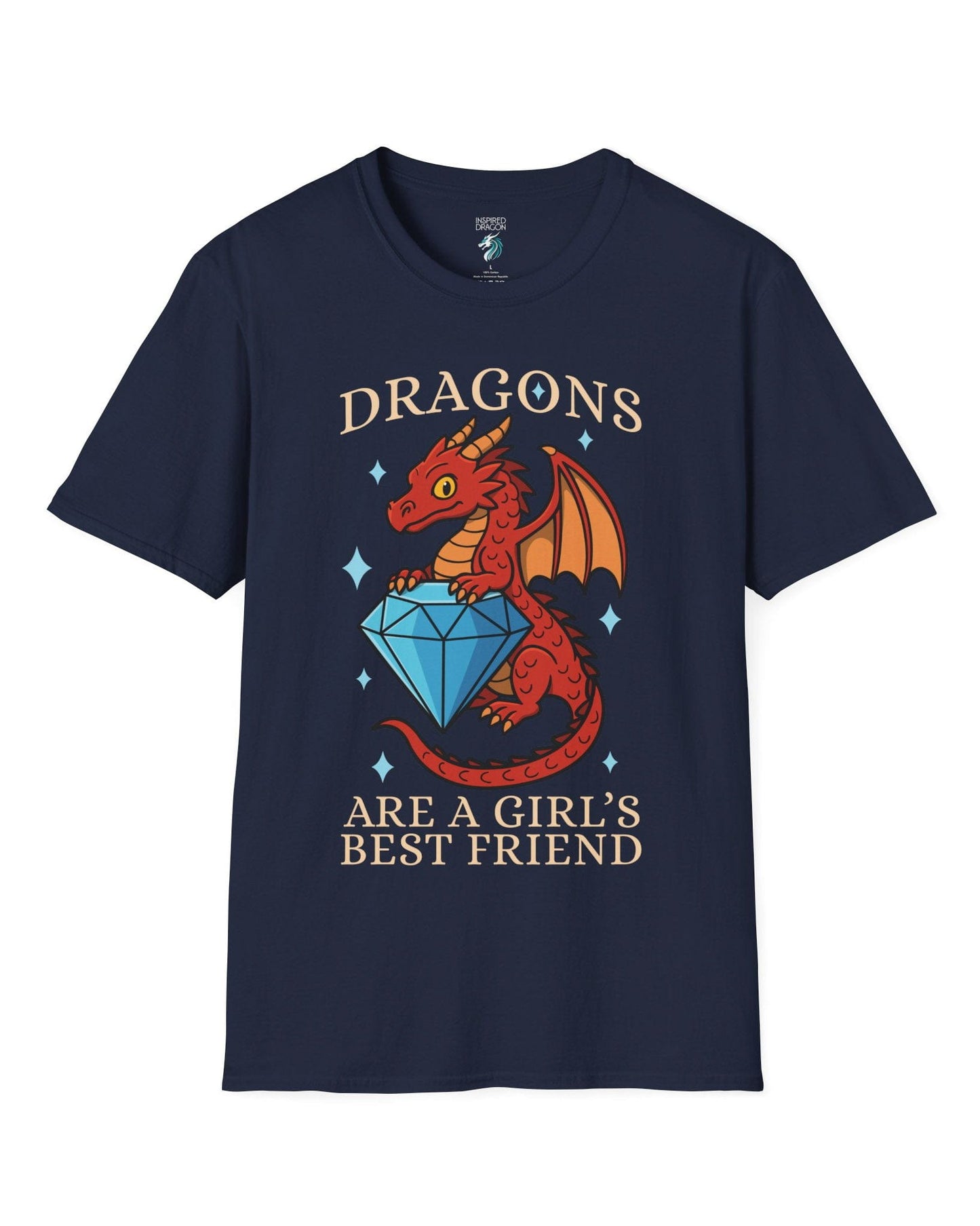 Dragons Are a Girl's Best Friend shirt in navy featuring a red dragon holding a large diamond with sparkling accents.