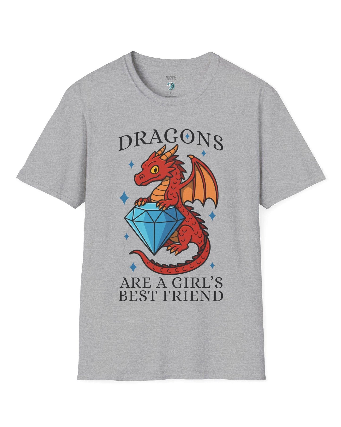 Dragons Are a Girl's Best Friend shirt in sport grey featuring a red dragon holding a large diamond with sparkling accents.