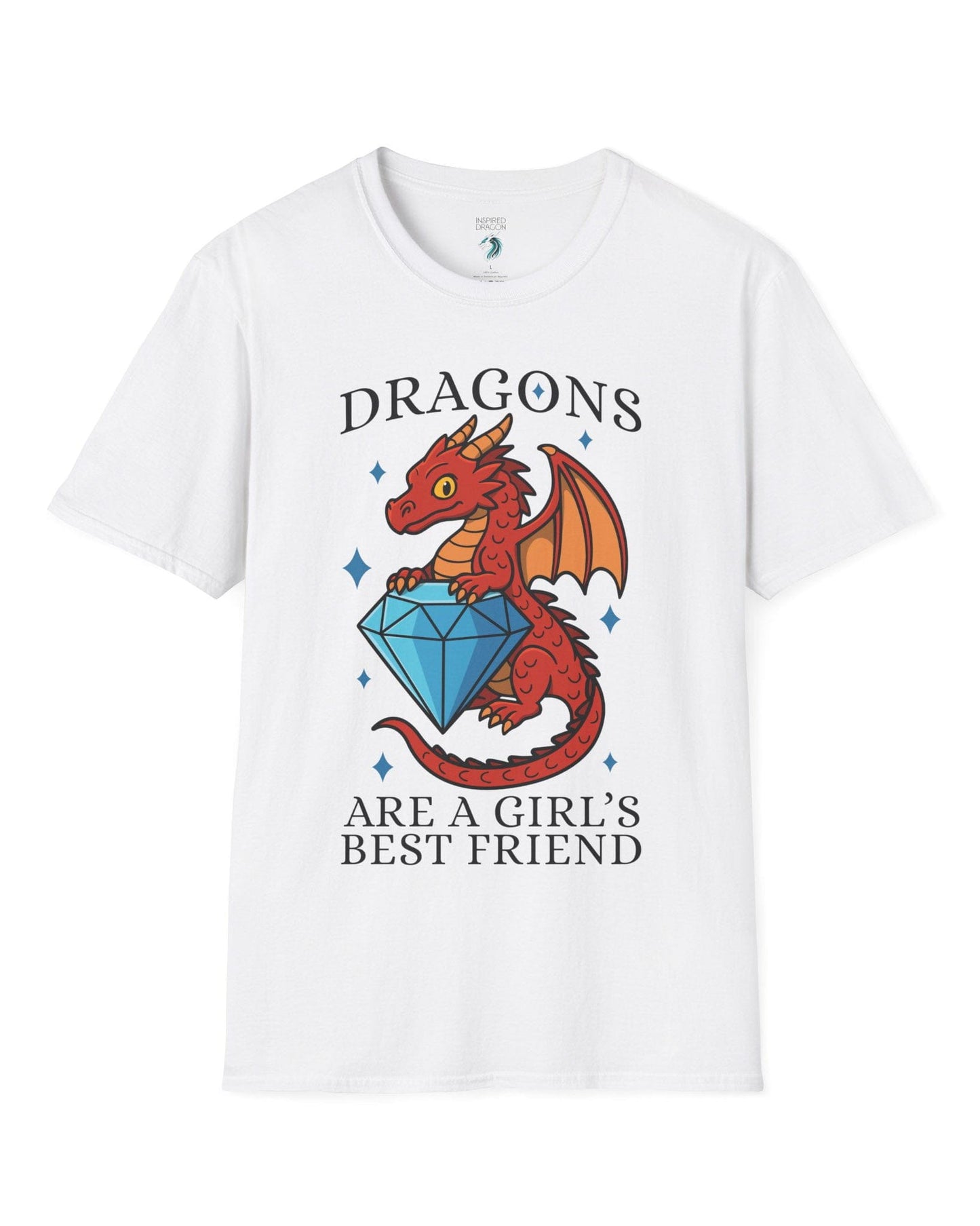 Dragons Are a Girl's Best Friend shirt in white featuring a red dragon holding a large diamond with sparkling accents.
