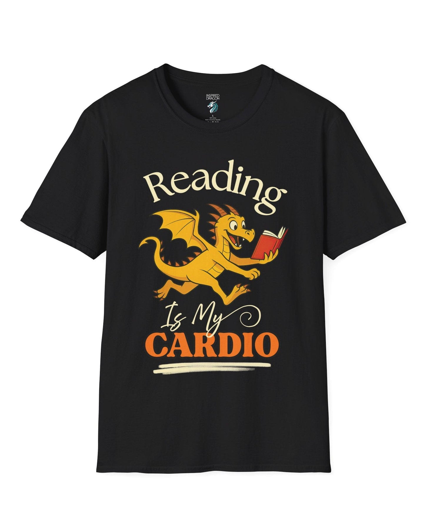 Reading Is My Cardio shirt in black, featuring a cheerful yellow dragon running with an open red book.