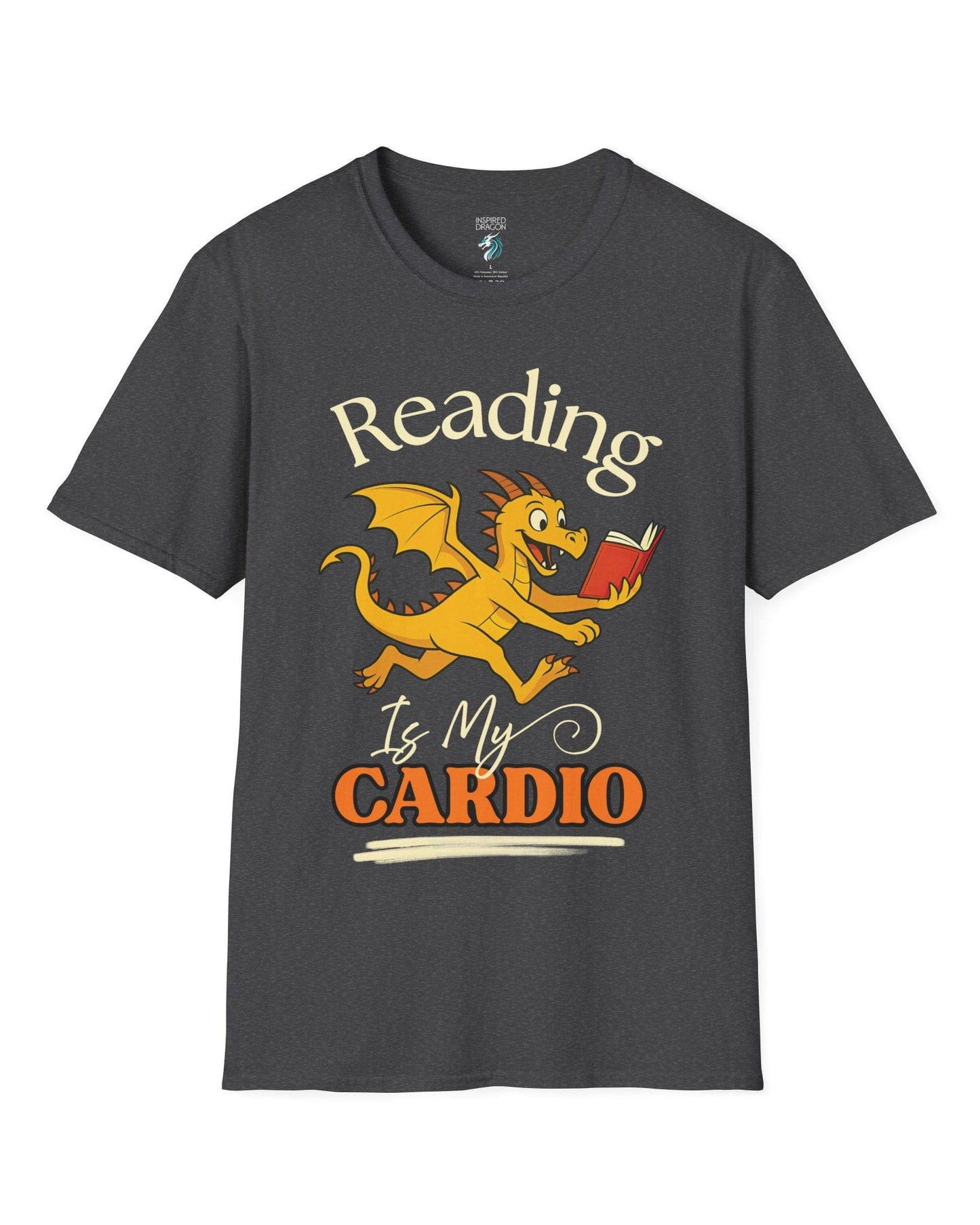 Reading Is My Cardio shirt in dark heather grey, featuring a cheerful yellow dragon running with an open red book.