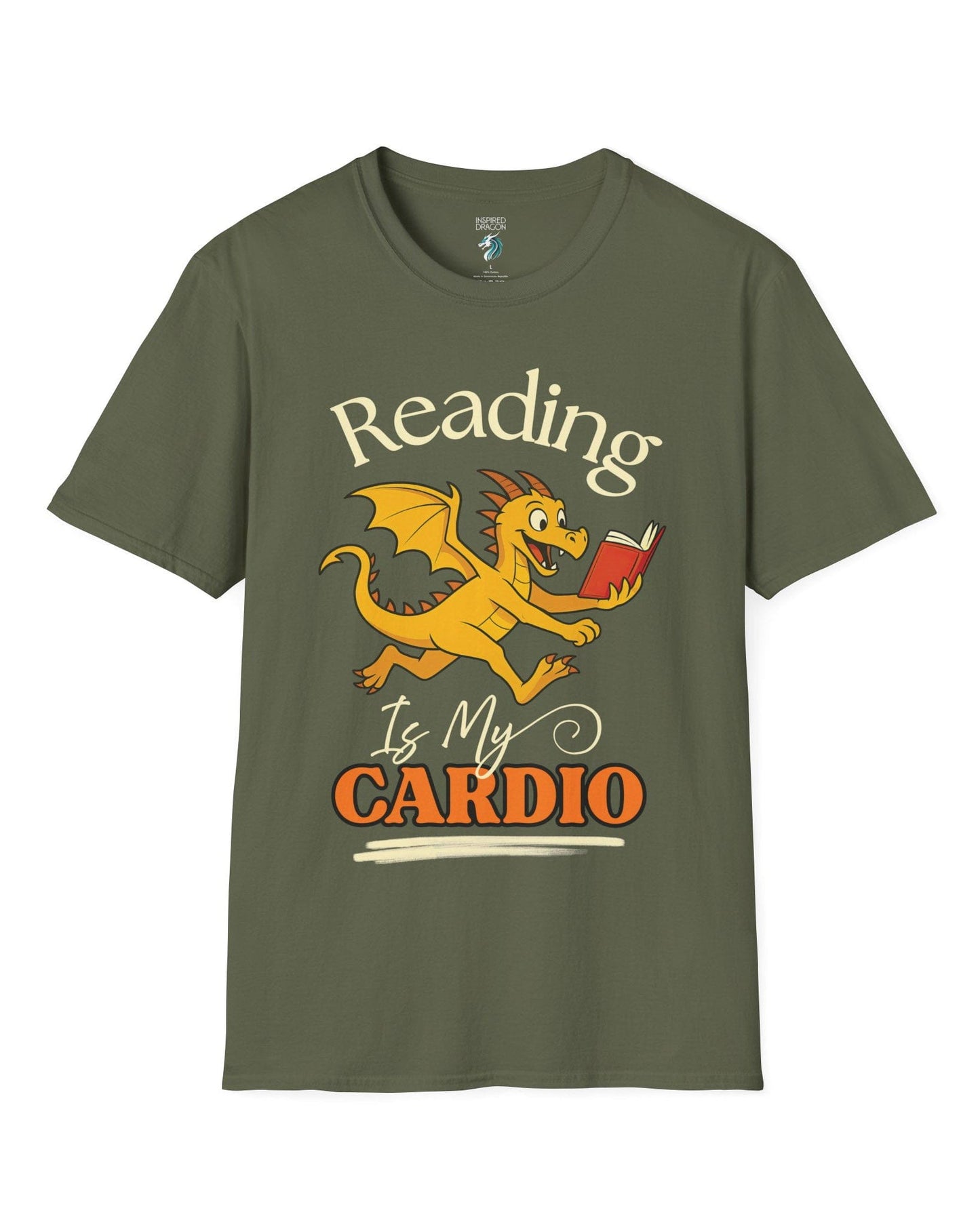Reading Is My Cardio shirt in military green, featuring a cheerful yellow dragon running with an open red book.