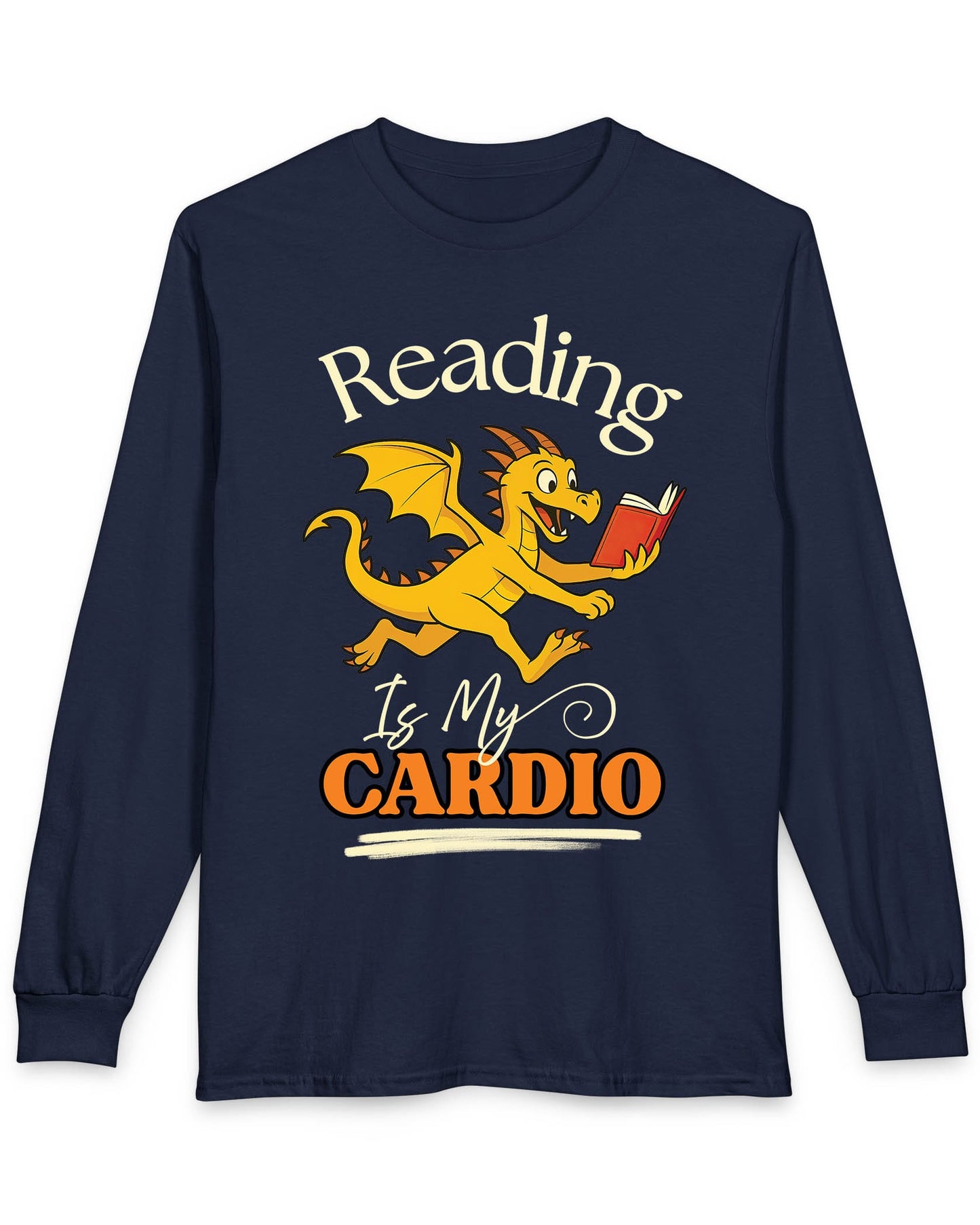 Reading Is My Cardio shirt in navy featuring a cheerful yellow dragon running with an open red book