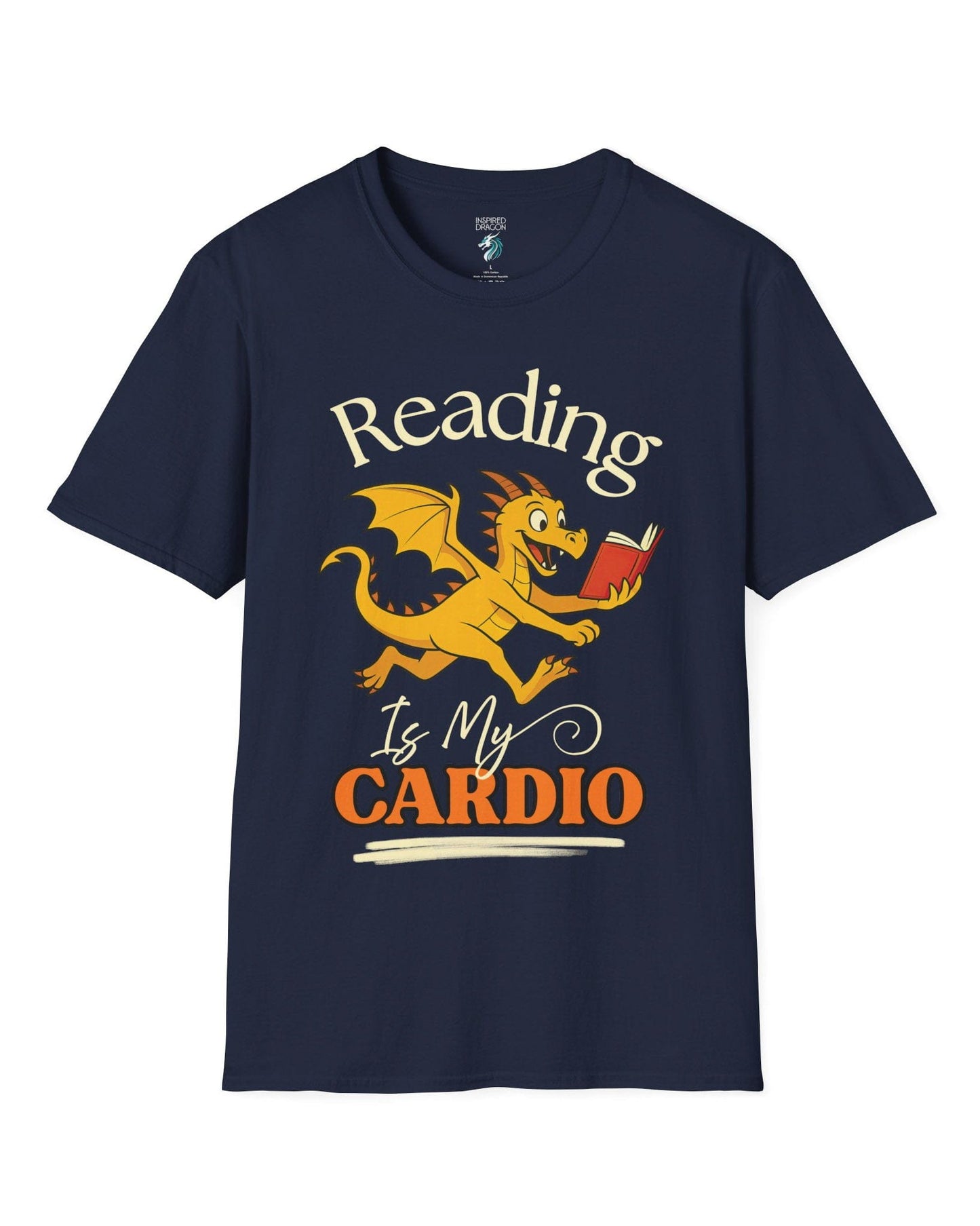 Reading Is My Cardio shirt in navy, featuring a cheerful yellow dragon running with an open red book.