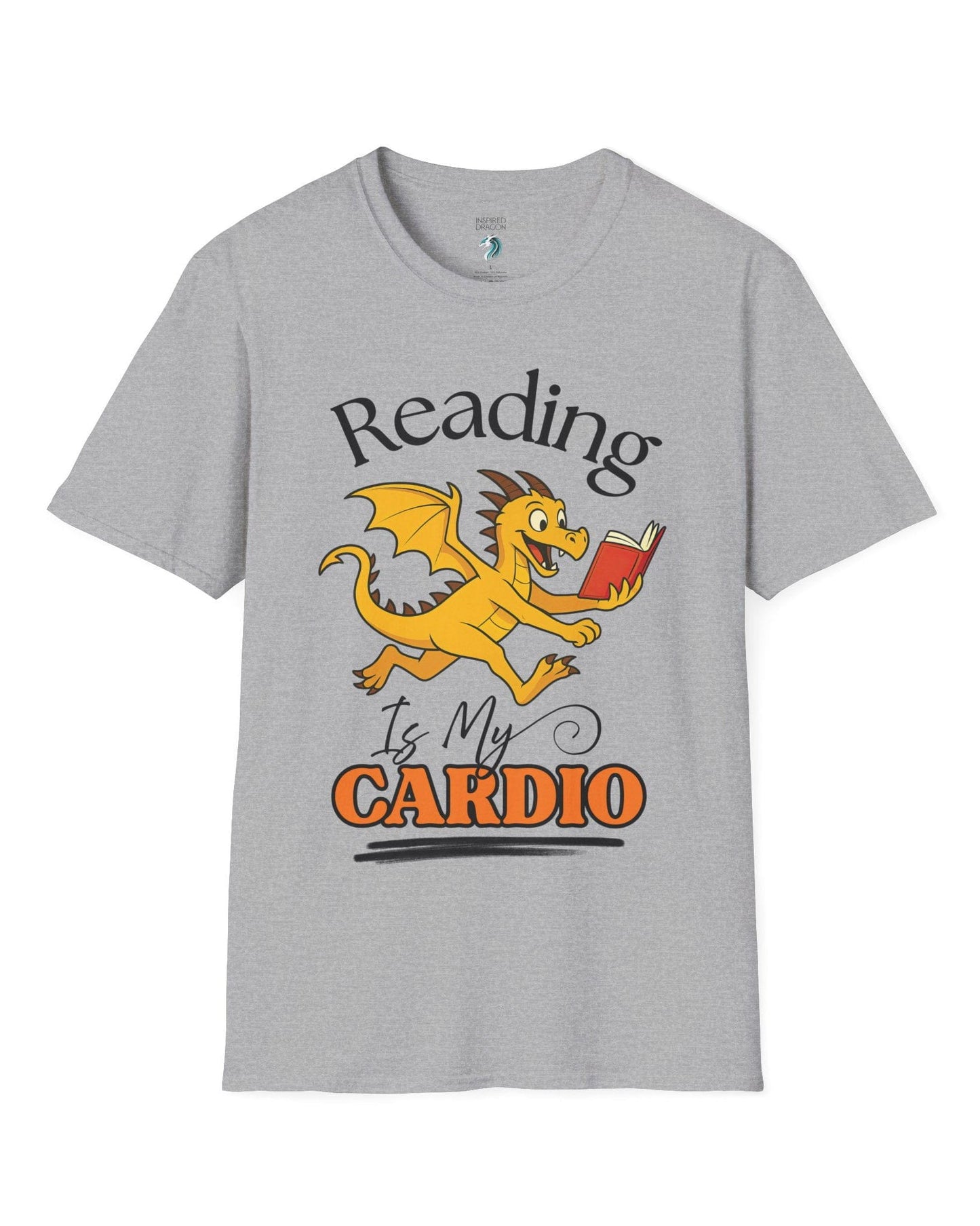 Reading Is My Cardio shirt in sport grey, featuring a cheerful yellow dragon running with an open red book.