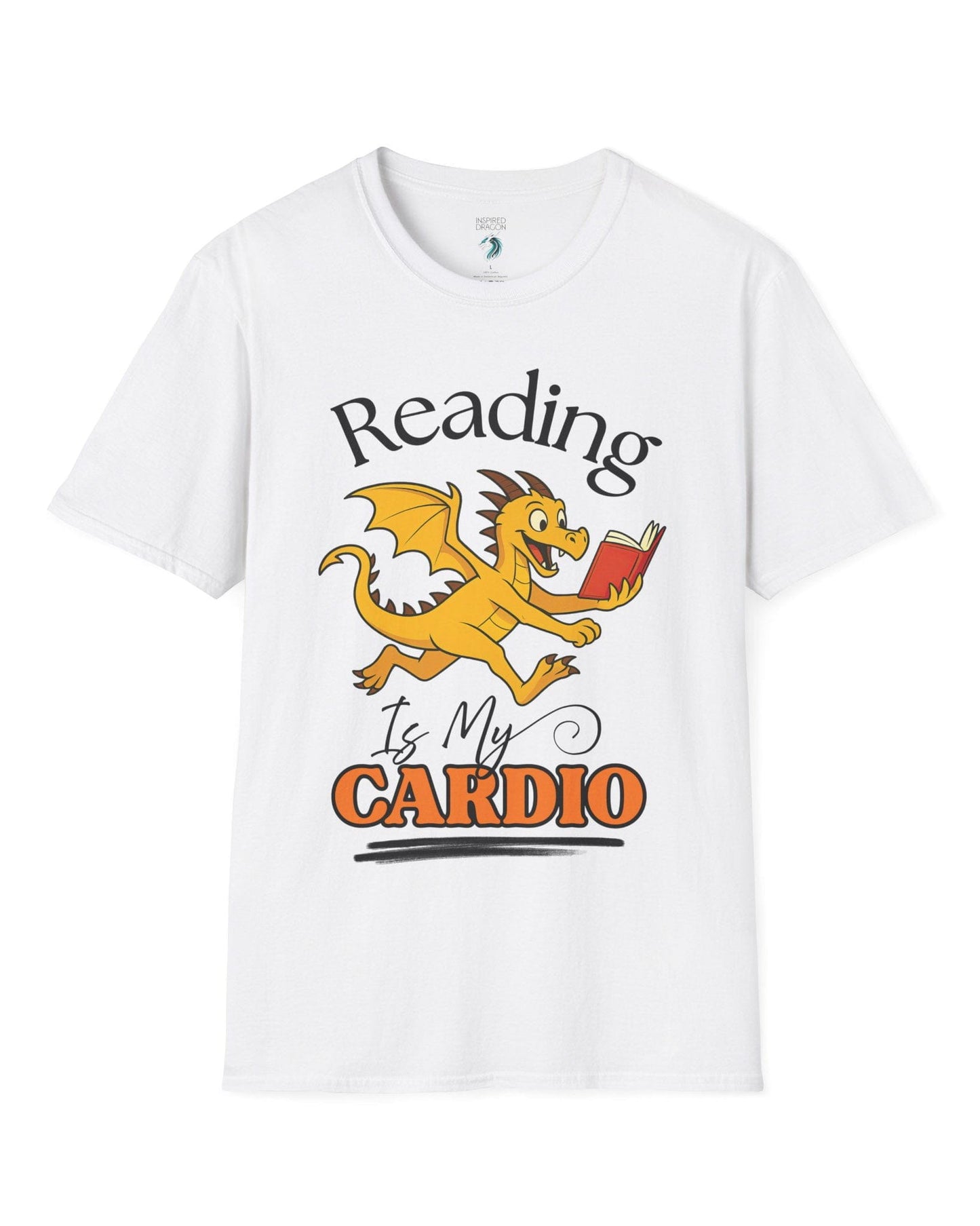Reading Is My Cardio shirt in white, featuring a cheerful yellow dragon running with an open red book.