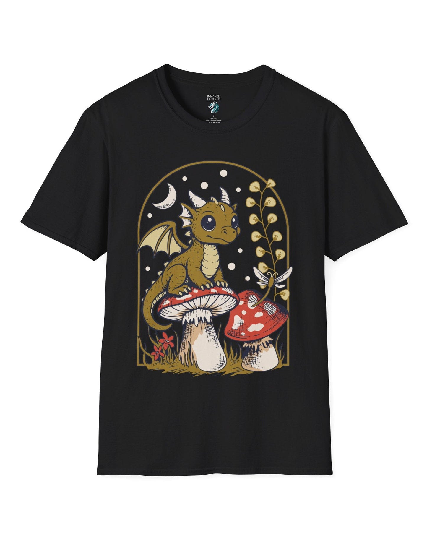 Moonlit Magic shirt in black featuring a wide-eyed dragon sitting on a mushroom beneath a crescent moon.