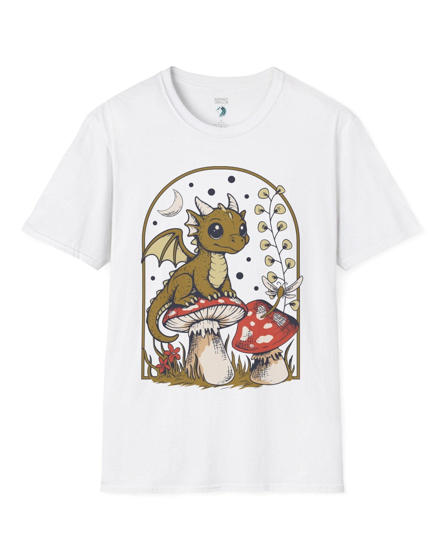 Moonlit Magic shirt in white featuring a wide-eyed dragon sitting on a mushroom beneath a crescent moon.