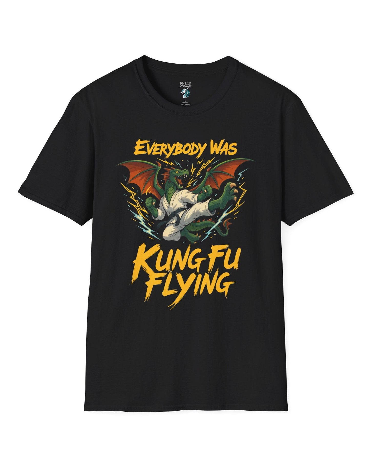 Everybody Was Kung Fu Flying shirt in black featuring a dragon in a martial arts gi in a dynamic flying kick pose.