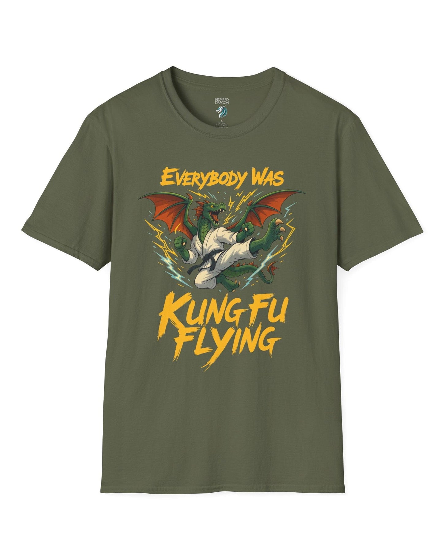 Everybody Was Kung Fu Flying shirt in military green featuring a dragon in a martial arts gi in a dynamic flying kick pose.