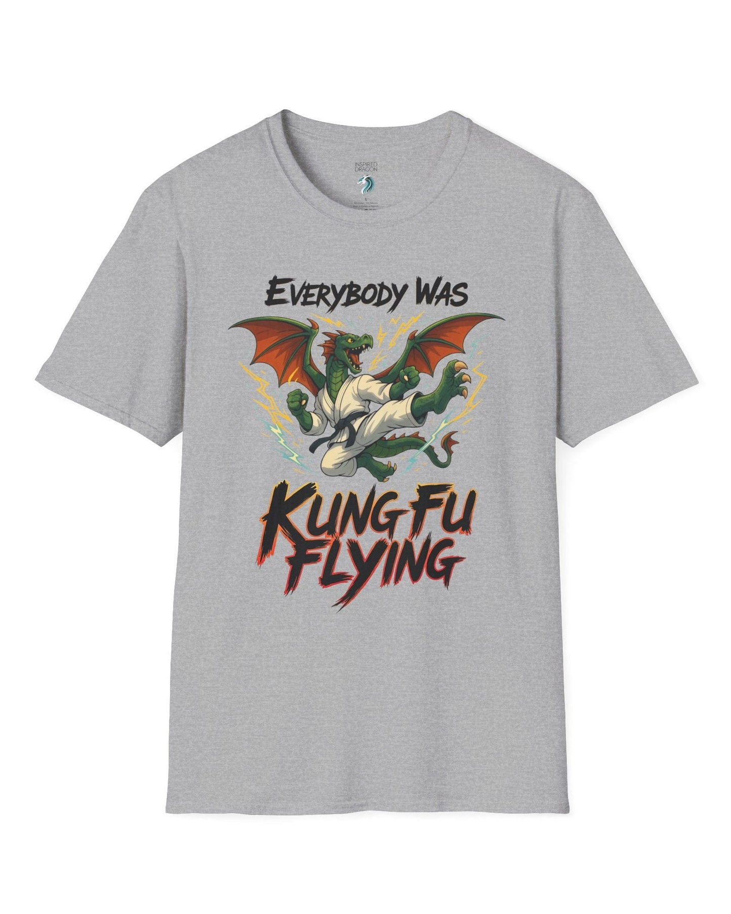 Everybody Was Kung Fu Flying shirt in sport grey featuring a dragon in a martial arts gi in a dynamic flying kick pose.