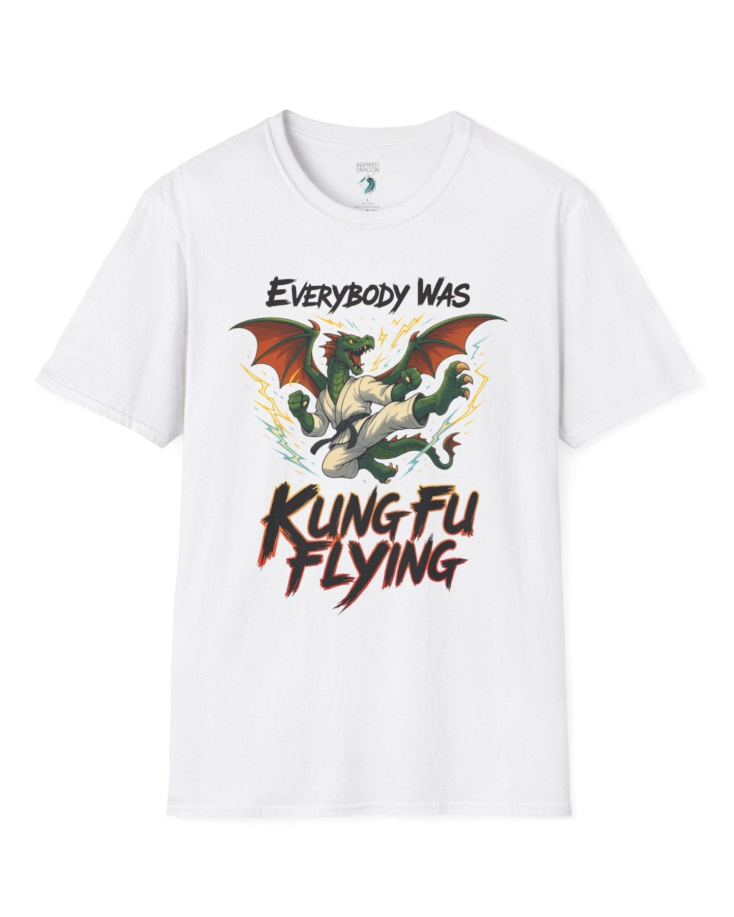 Everybody Was Kung Fu Flying shirt in white featuring a dragon in a martial arts gi in a dynamic flying kick pose.