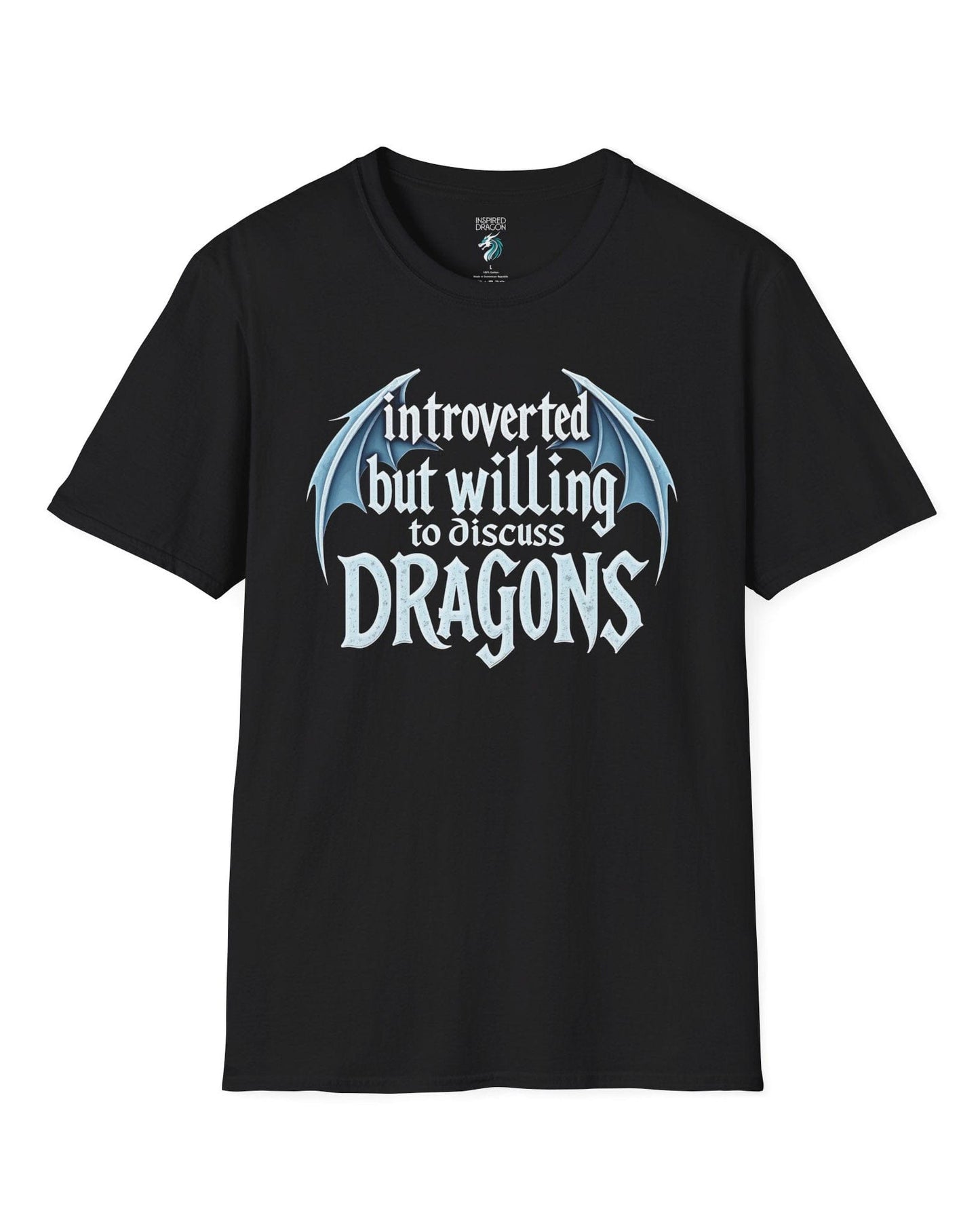 Introverted but Willing to Discuss Dragons shirt in black, featuring stylized text with dragon wings.