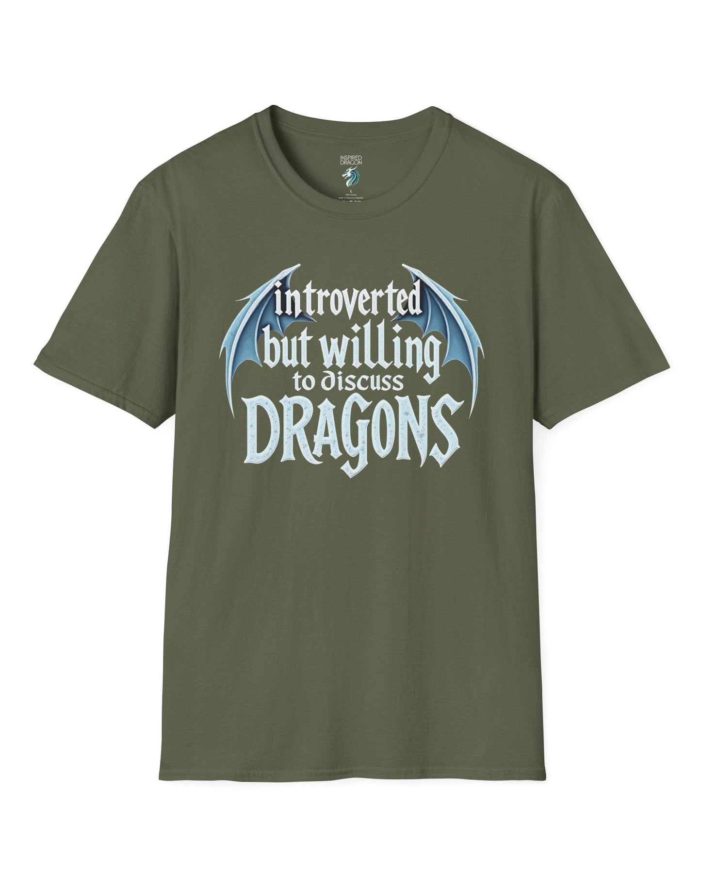 Introverted but Willing to Discuss Dragons shirt in military green, featuring stylized text with dragon wings.