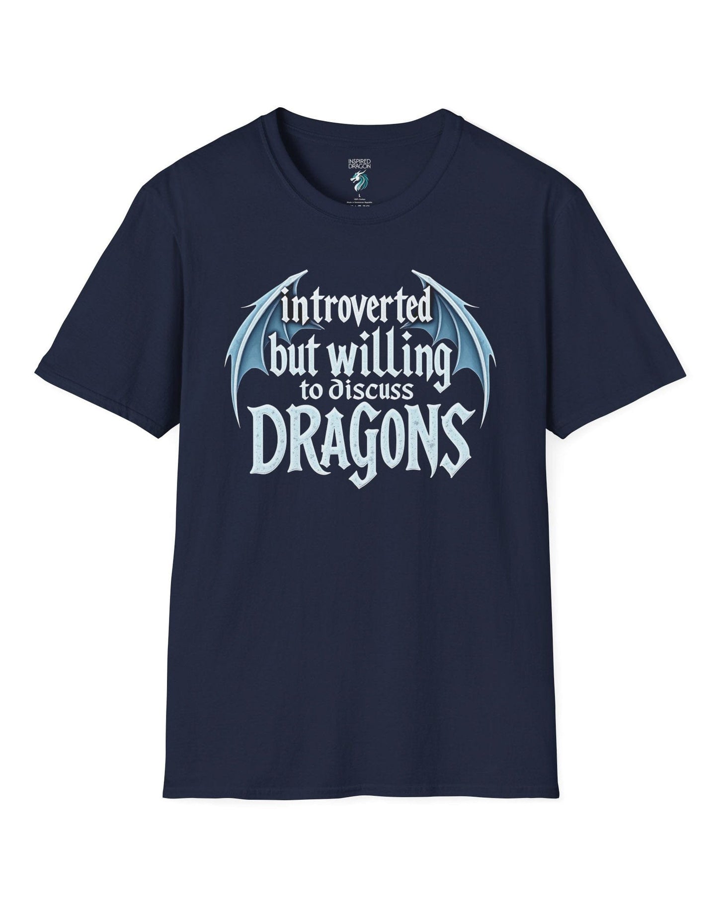 Introverted but Willing to Discuss Dragons shirt in navy, featuring stylized text with dragon wings.