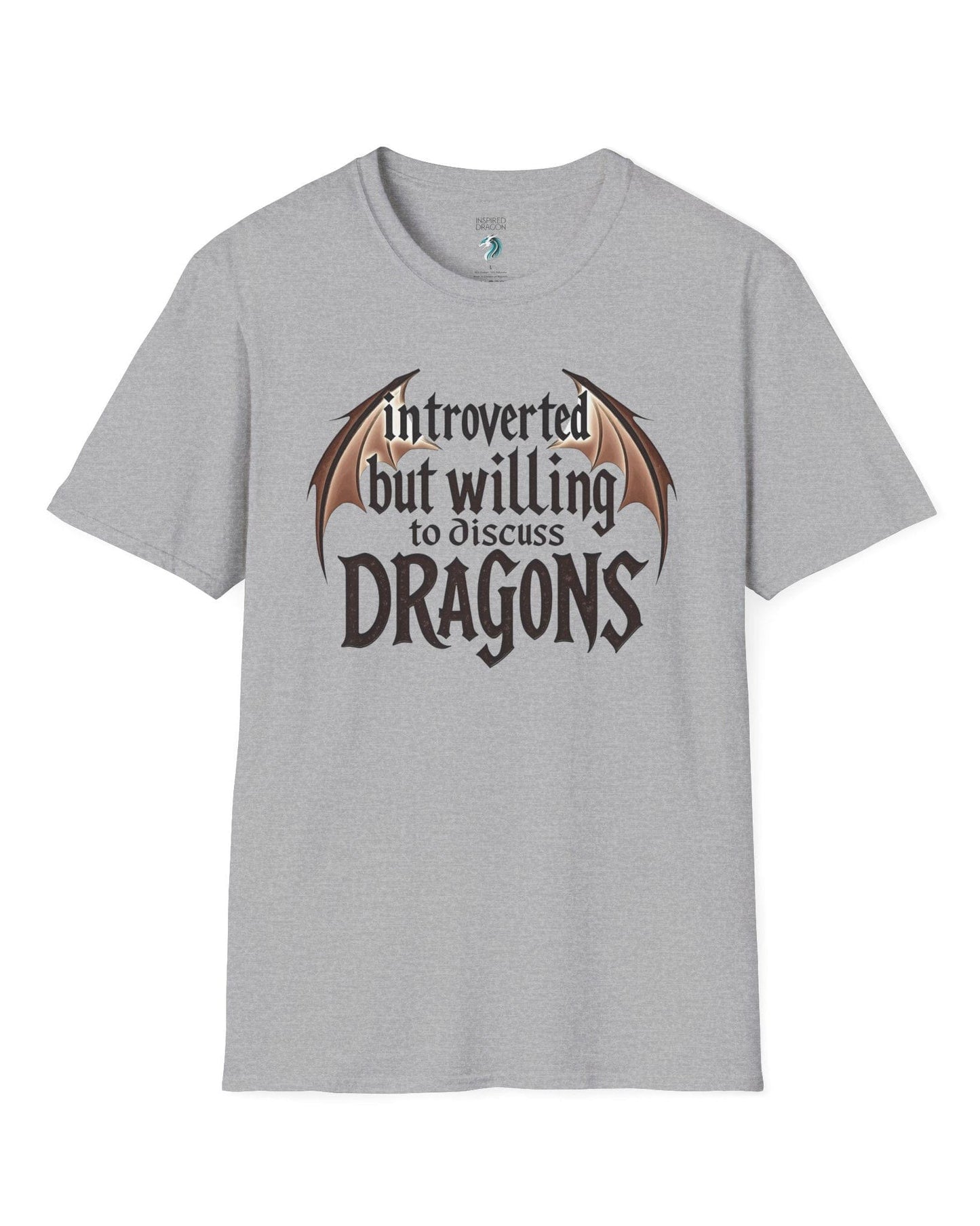 Introverted but Willing to Discuss Dragons shirt in sport grey, featuring stylized text with dragon wings.