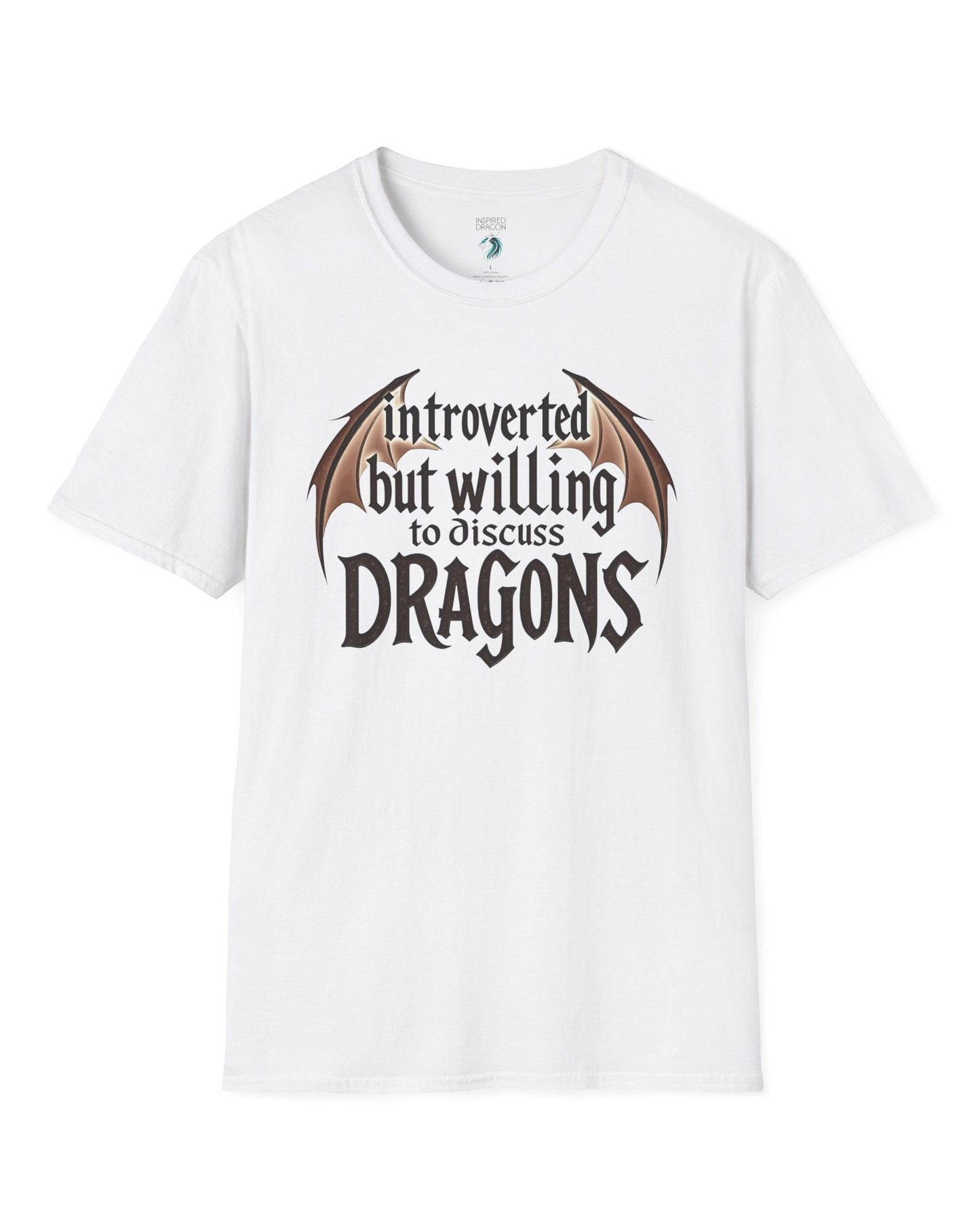 Introverted but Willing to Discuss Dragons shirt in white, featuring stylized text with dragon wings.