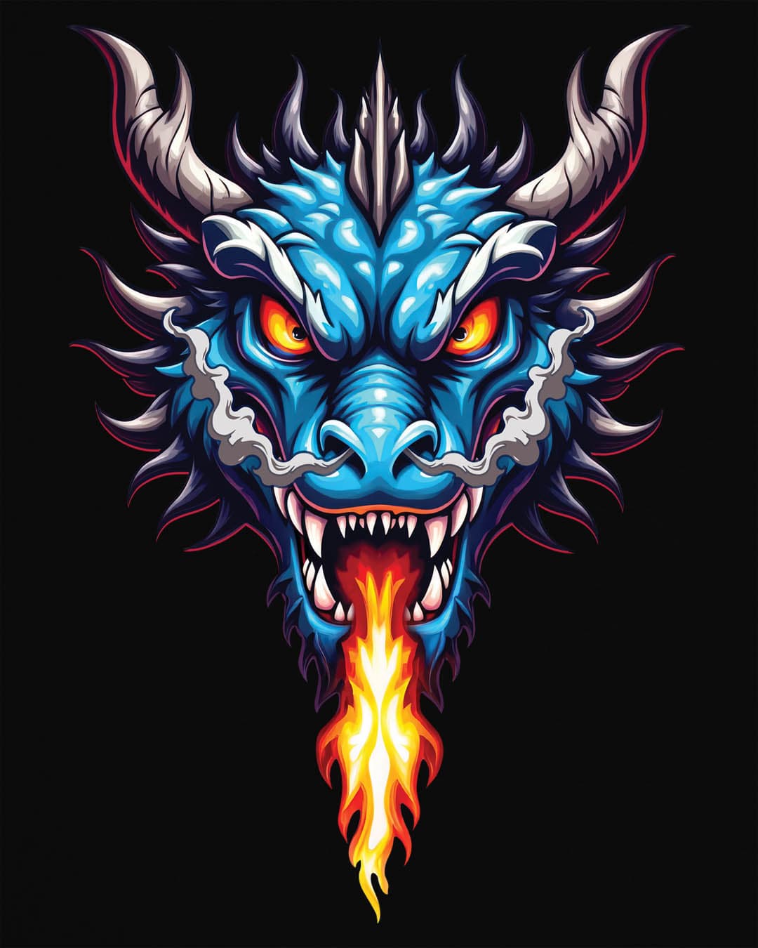 Flame and Rage shirt in black, featuring a fierce blue dragon breathing fire.
