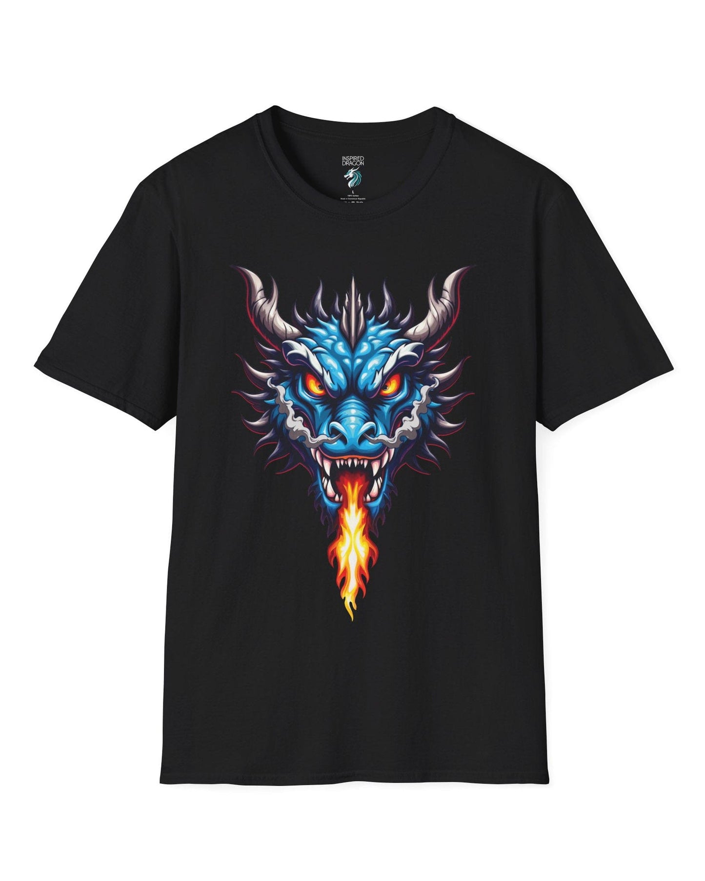Flame and Rage shirt in black, featuring a fierce blue dragon breathing fire.