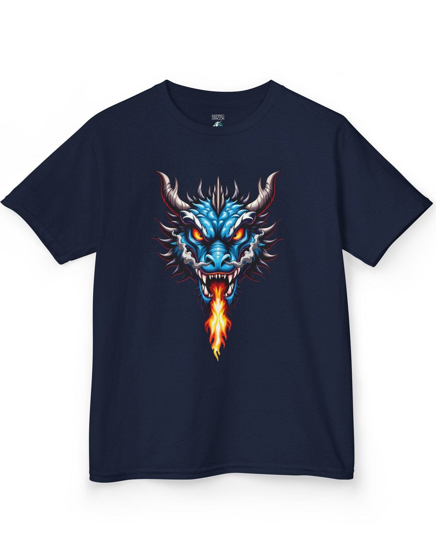 Flame and Rage shirt in navy, featuring a fierce blue dragon breathing fire.