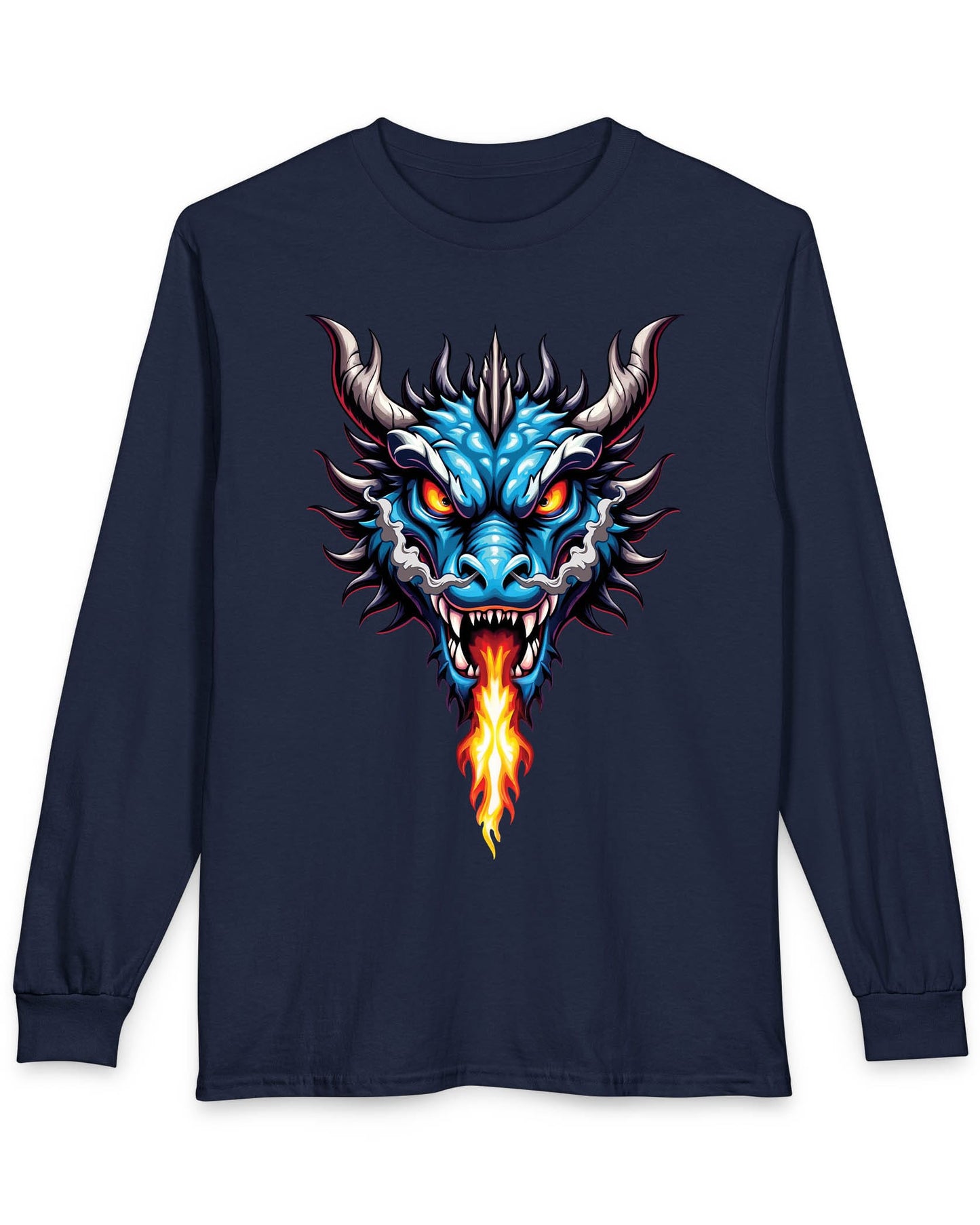 Flame and Rage shirt in navy featuring a fierce blue dragon breathing fire