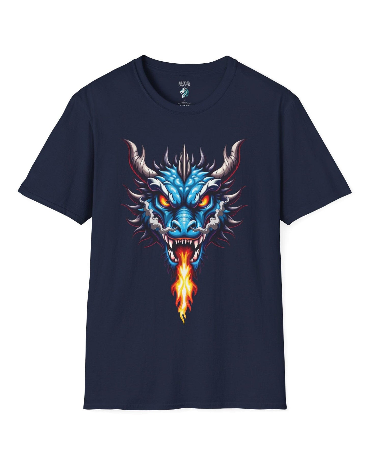 Flame and Rage shirt in navy, featuring a fierce blue dragon breathing fire.