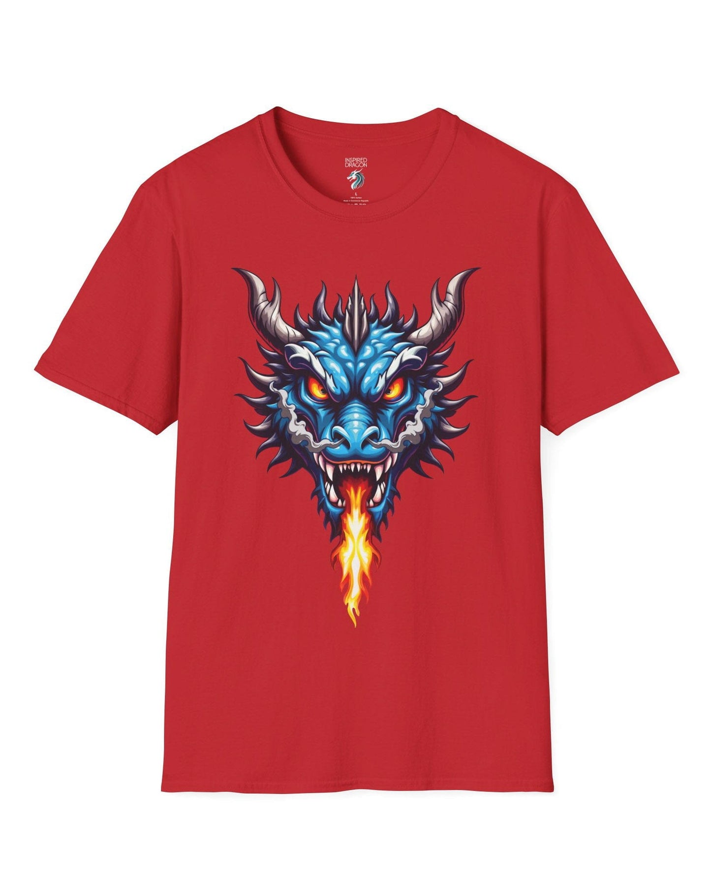 Flame and Rage shirt in red, featuring a fierce blue dragon breathing fire.