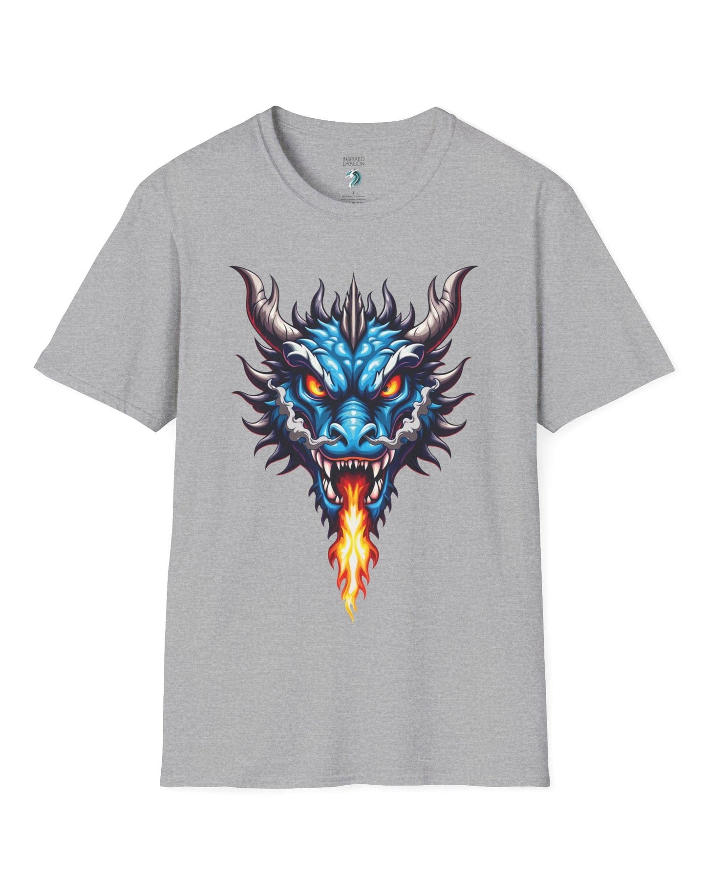 Flame and Rage shirt in sport grey, featuring a fierce blue dragon breathing fire.