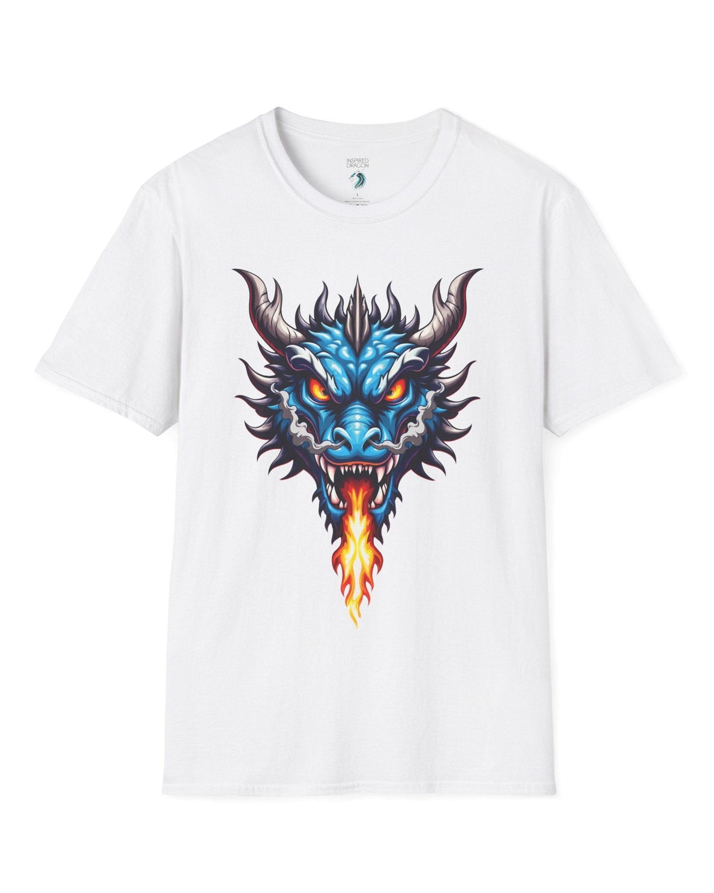 Flame and Rage shirt in white, featuring a fierce blue dragon breathing fire.
