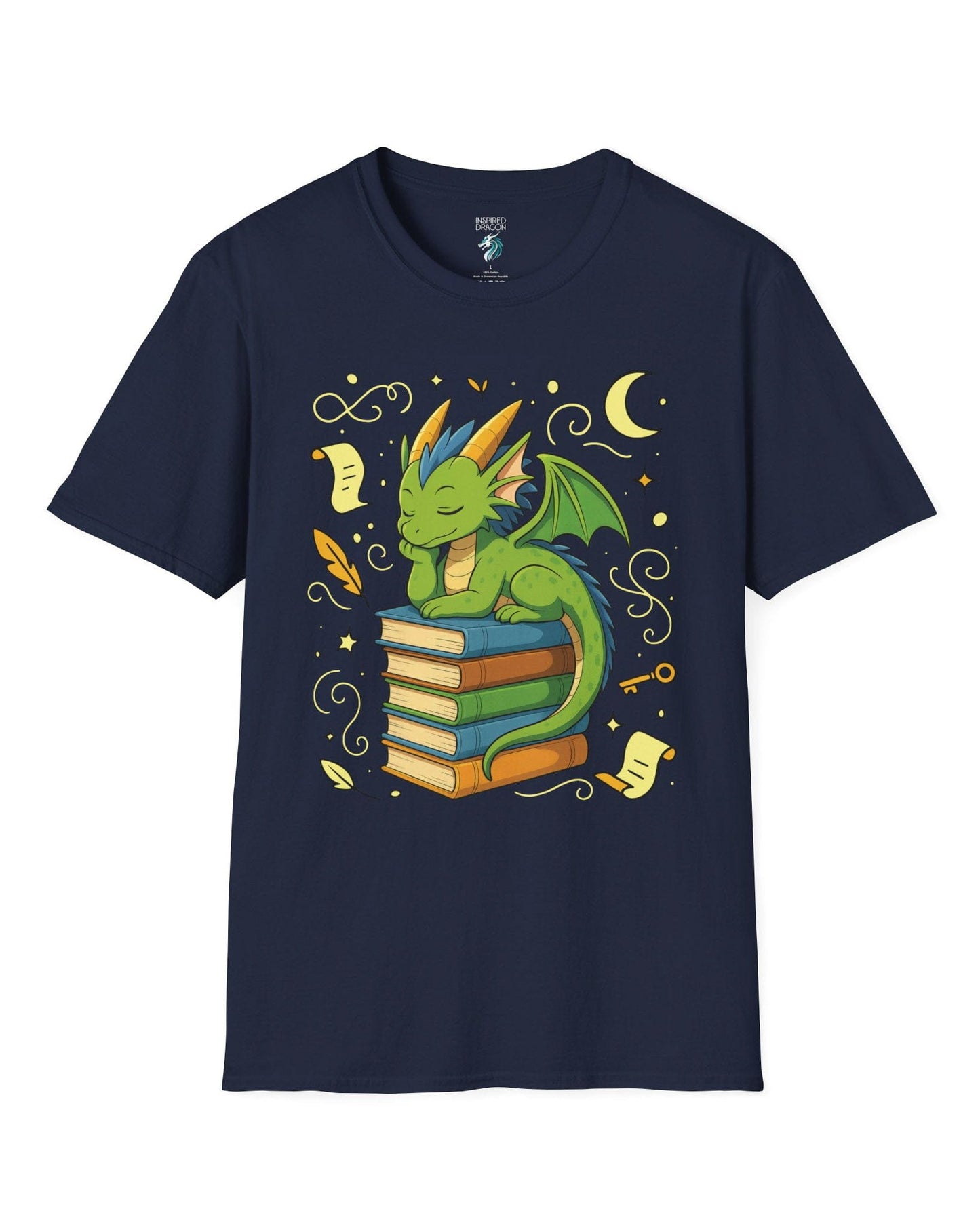 Enchanted Daydreamer shirt in navy, featuring a sleepy green dragon resting atop a stack of colorful books.