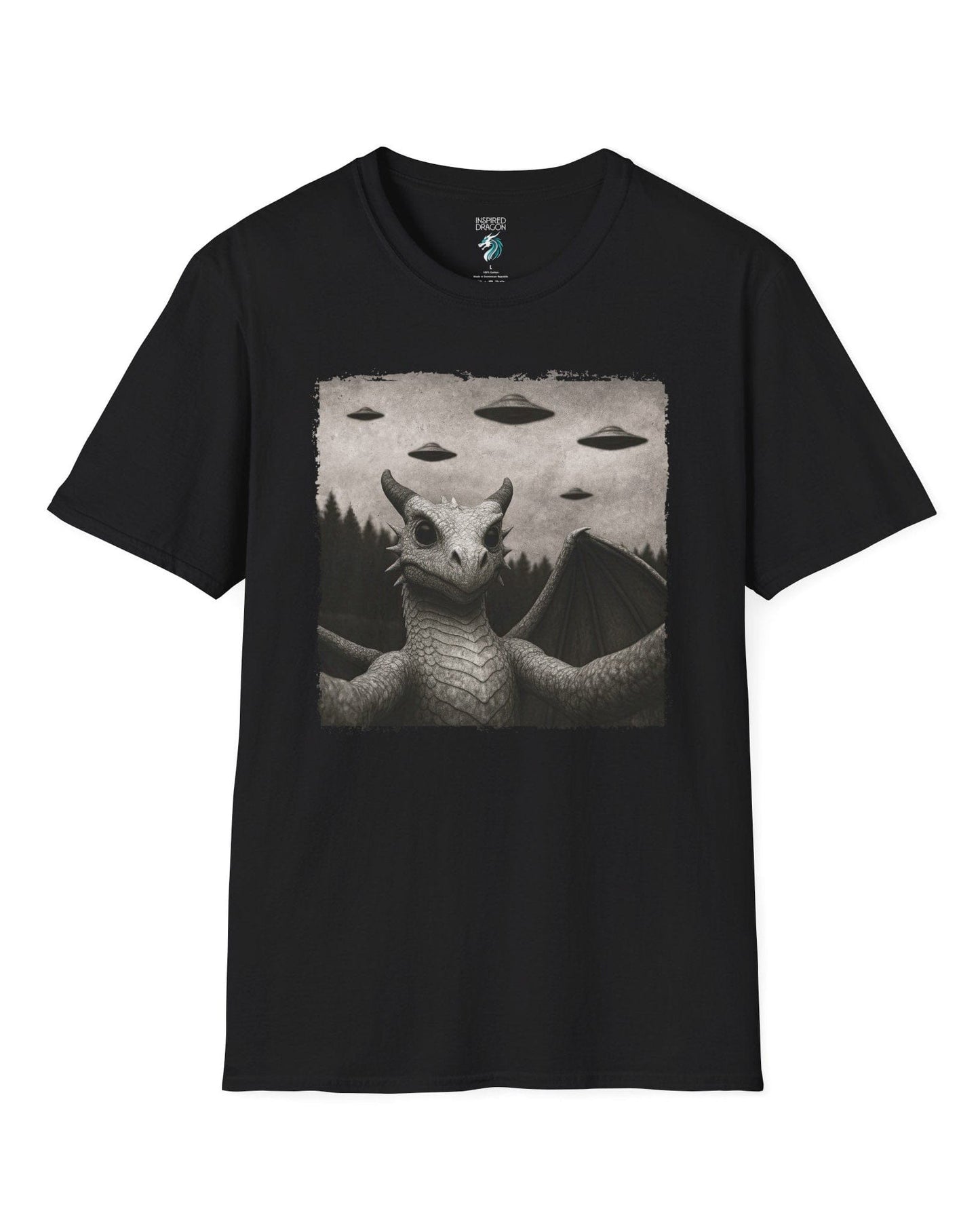 Dragon UFO Selfie shirt in black, featuring a grayscale dragon taking a selfie with flying saucers overhead.