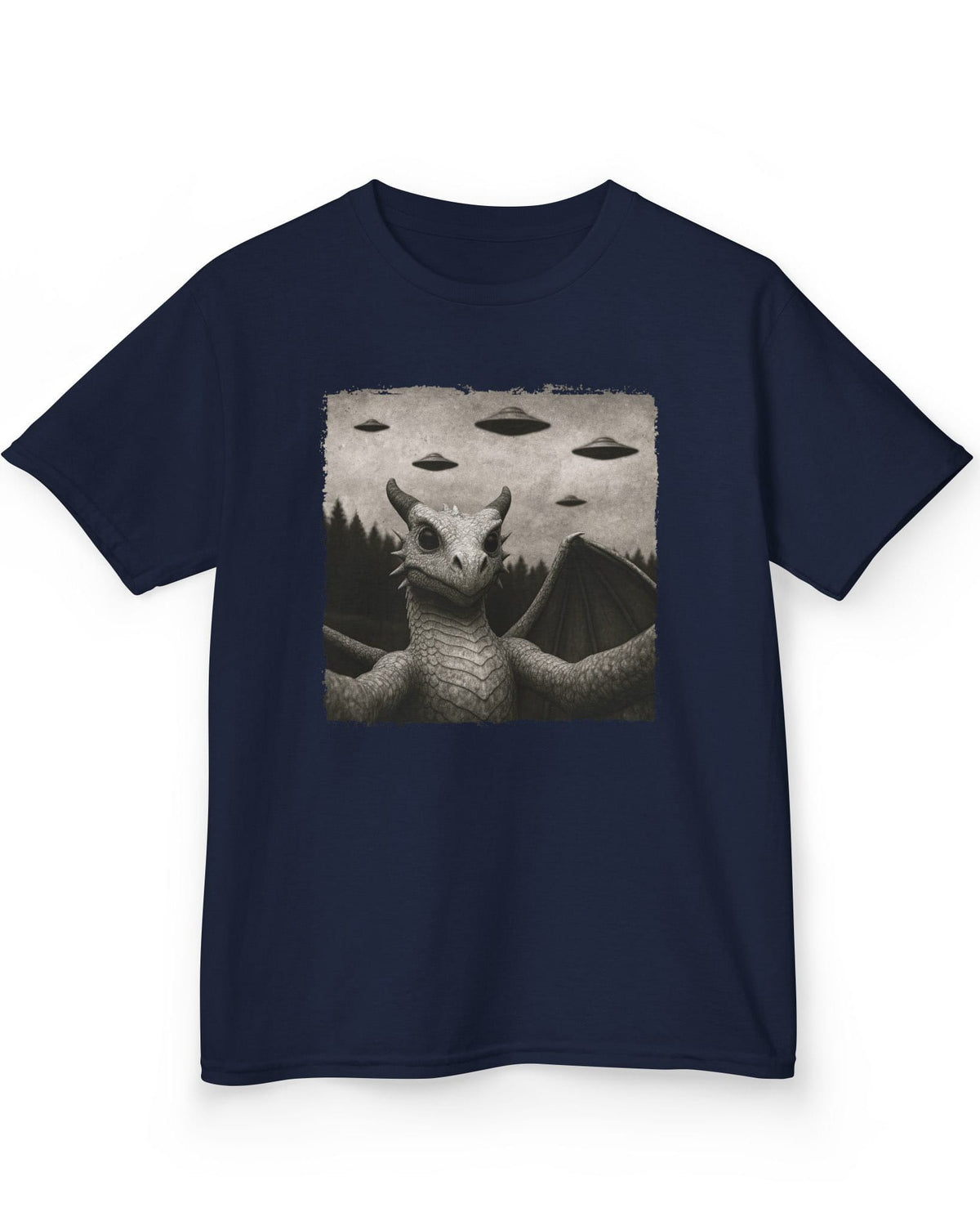 Dragon UFO Selfie shirt in navy featuring a grayscale dragon taking a selfie with flying saucers overhead