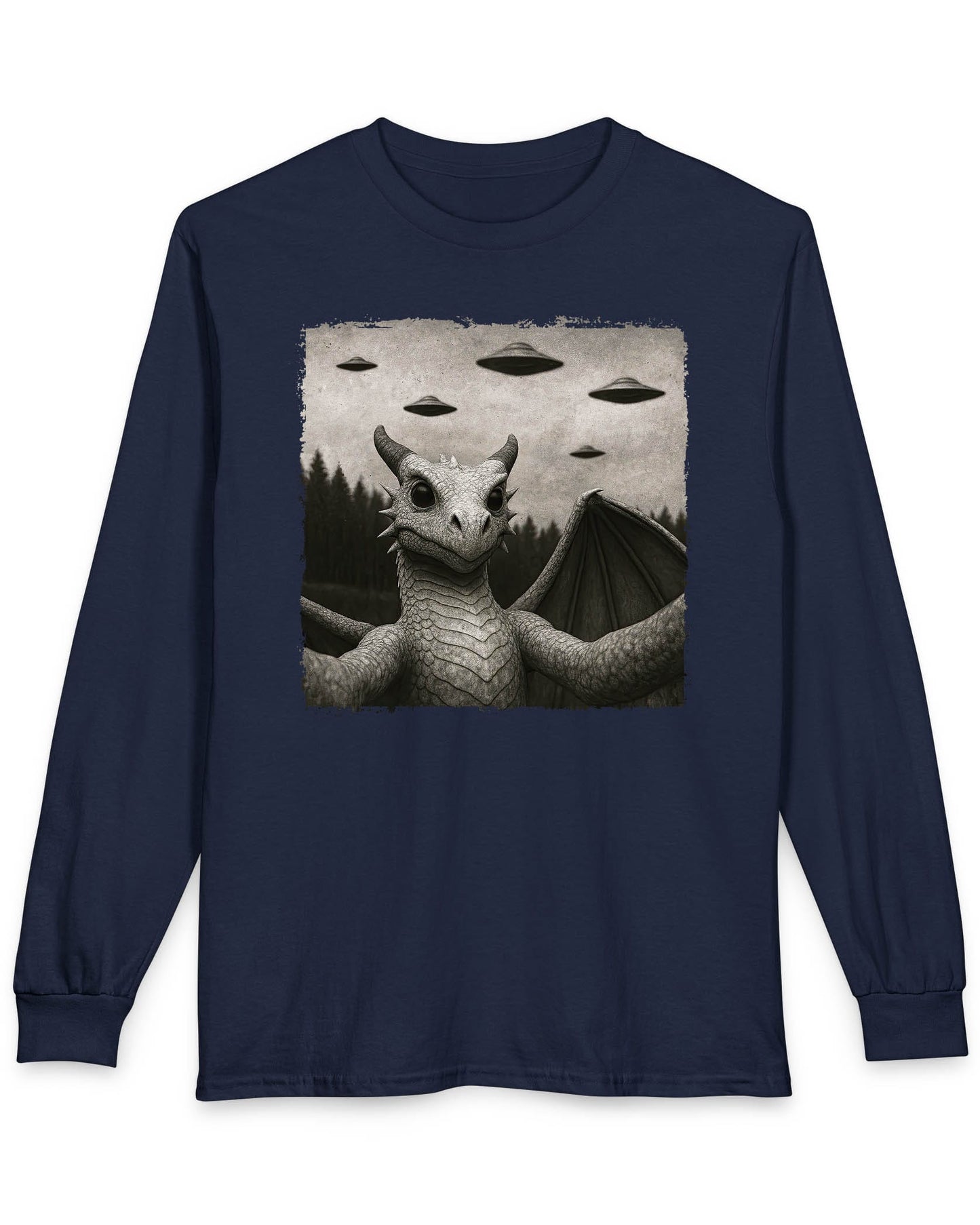 Dragon UFO Selfie shirt in navy featuring a grayscale dragon taking a selfie with flying saucers overhead