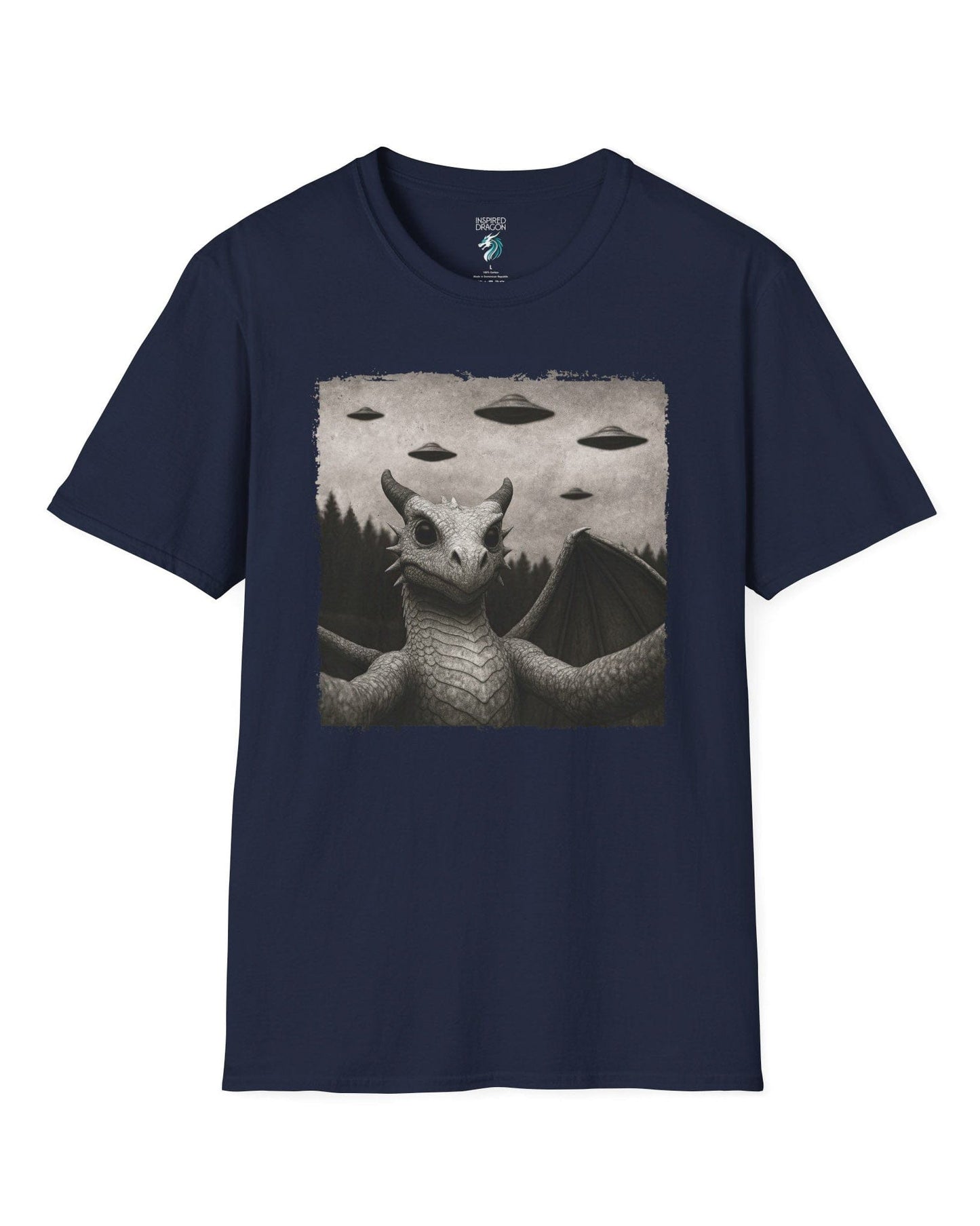 Dragon UFO Selfie shirt in navy, featuring a grayscale dragon taking a selfie with flying saucers overhead.