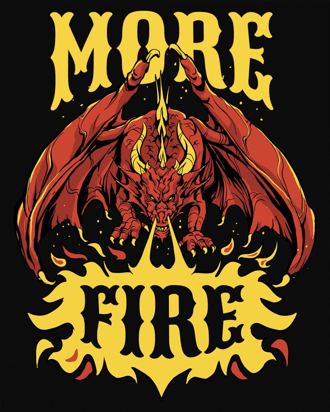 MORE FIRE shirt in black, featuring a red dragon unleashing flames beneath bold yellow text.