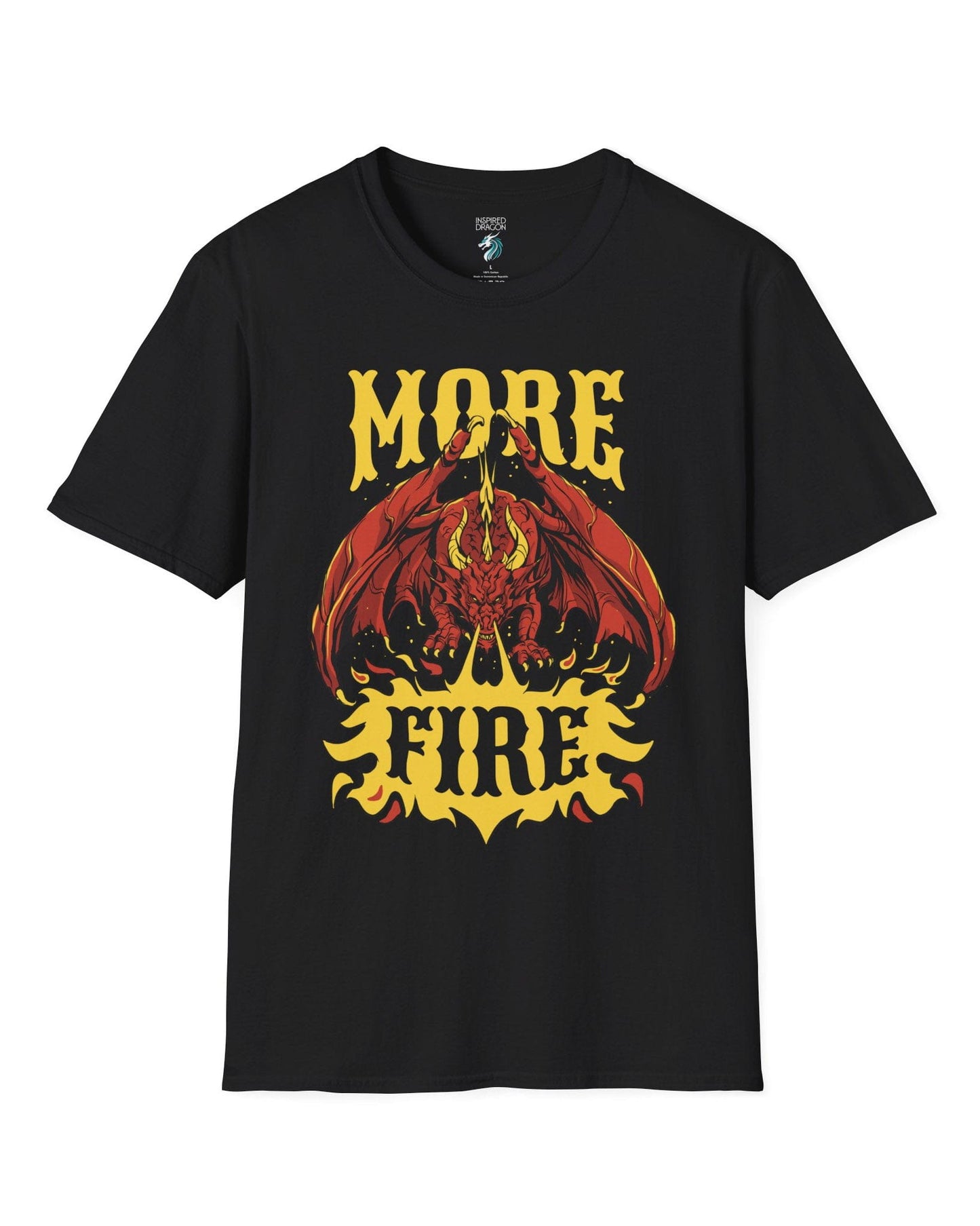MORE FIRE shirt in black, featuring a red dragon unleashing flames beneath bold yellow text.