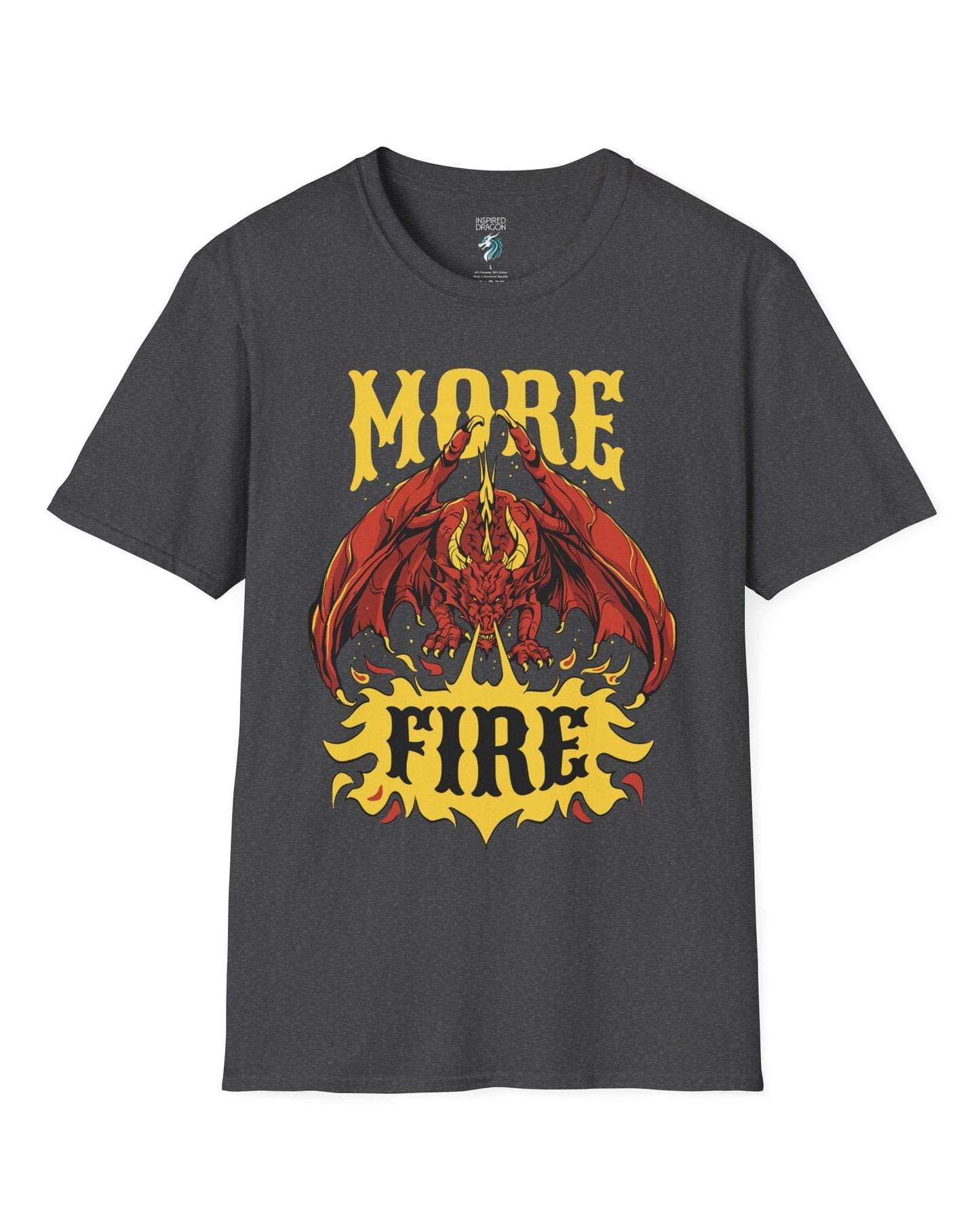 MORE FIRE shirt in dark heather grey, featuring a red dragon unleashing flames beneath bold yellow text.
