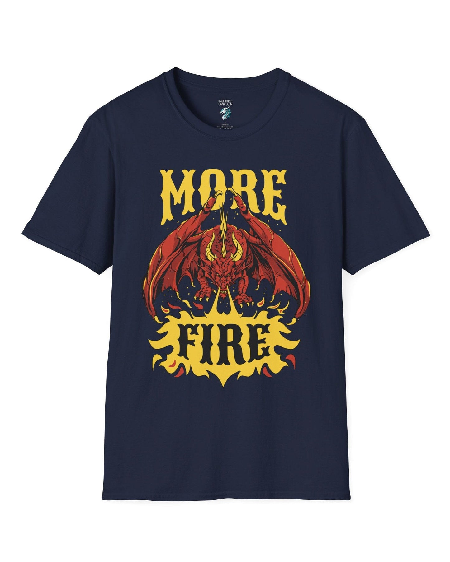 MORE FIRE shirt in navy, featuring a red dragon unleashing flames beneath bold yellow text.
