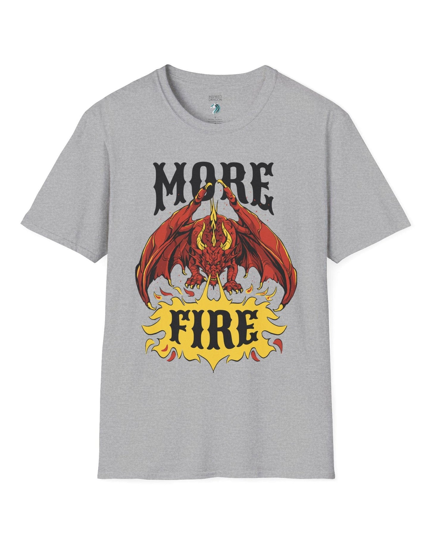 MORE FIRE shirt in sport grey, featuring a red dragon unleashing flames beneath bold yellow text.