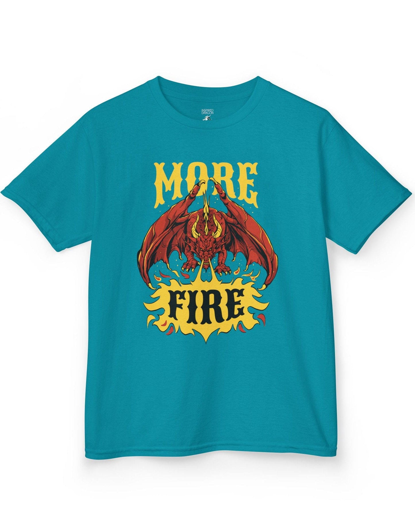 MORE FIRE shirt in tropical blue, featuring a red dragon unleashing flames beneath bold yellow text.