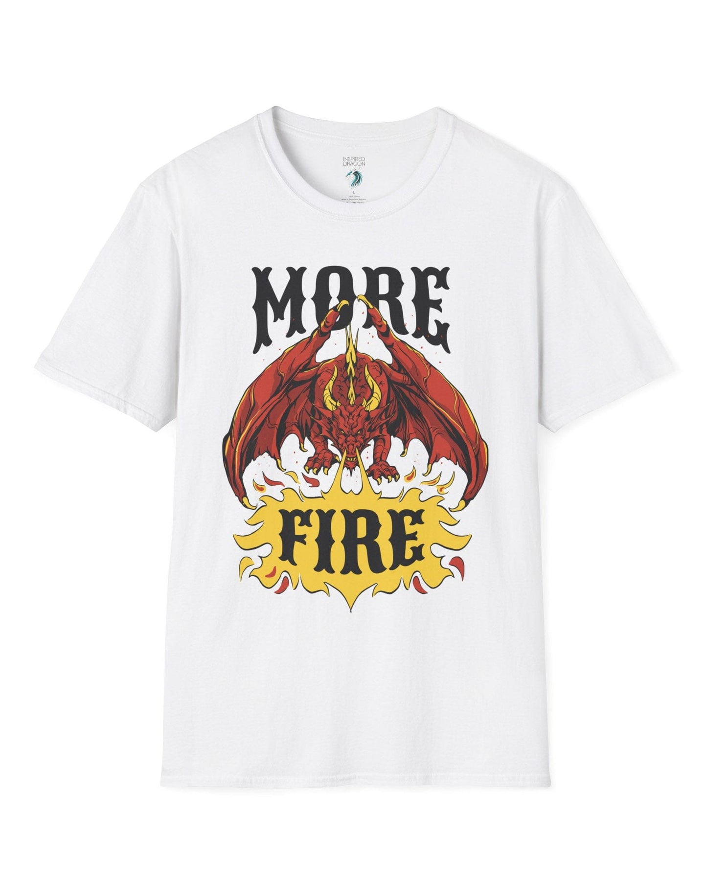 MORE FIRE shirt in white, featuring a red dragon unleashing flames beneath bold yellow text.